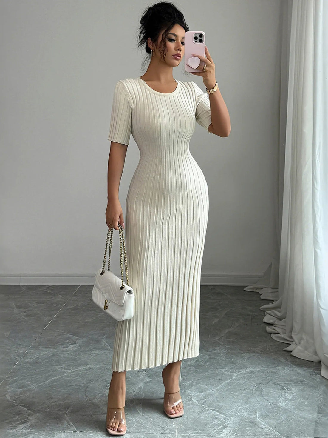 Round Neck Short Sleeve Sweater Dress designed for comfort and style at Lookzlike