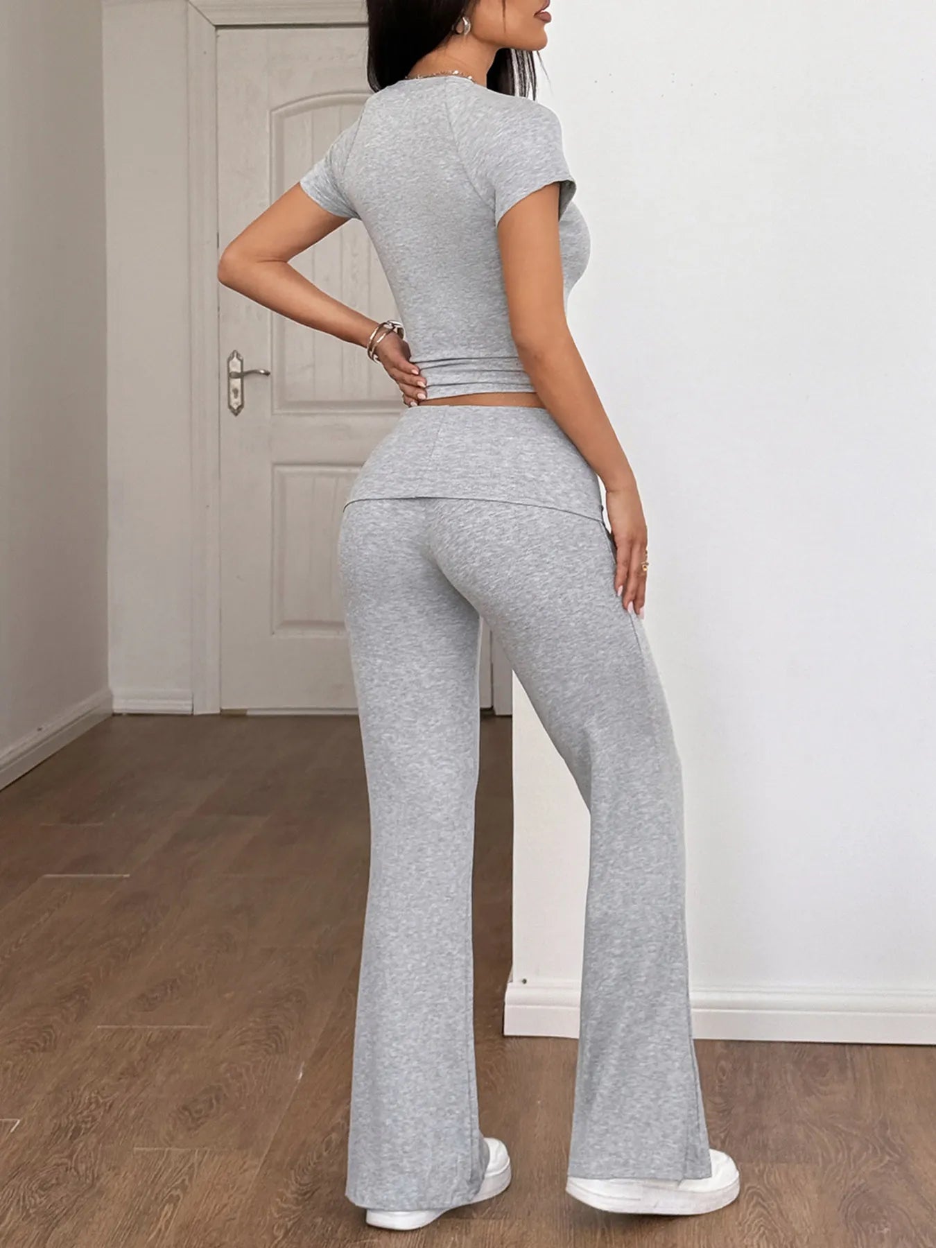 Round Neck Short Sleeve Top and Pants Set - Lookzlike