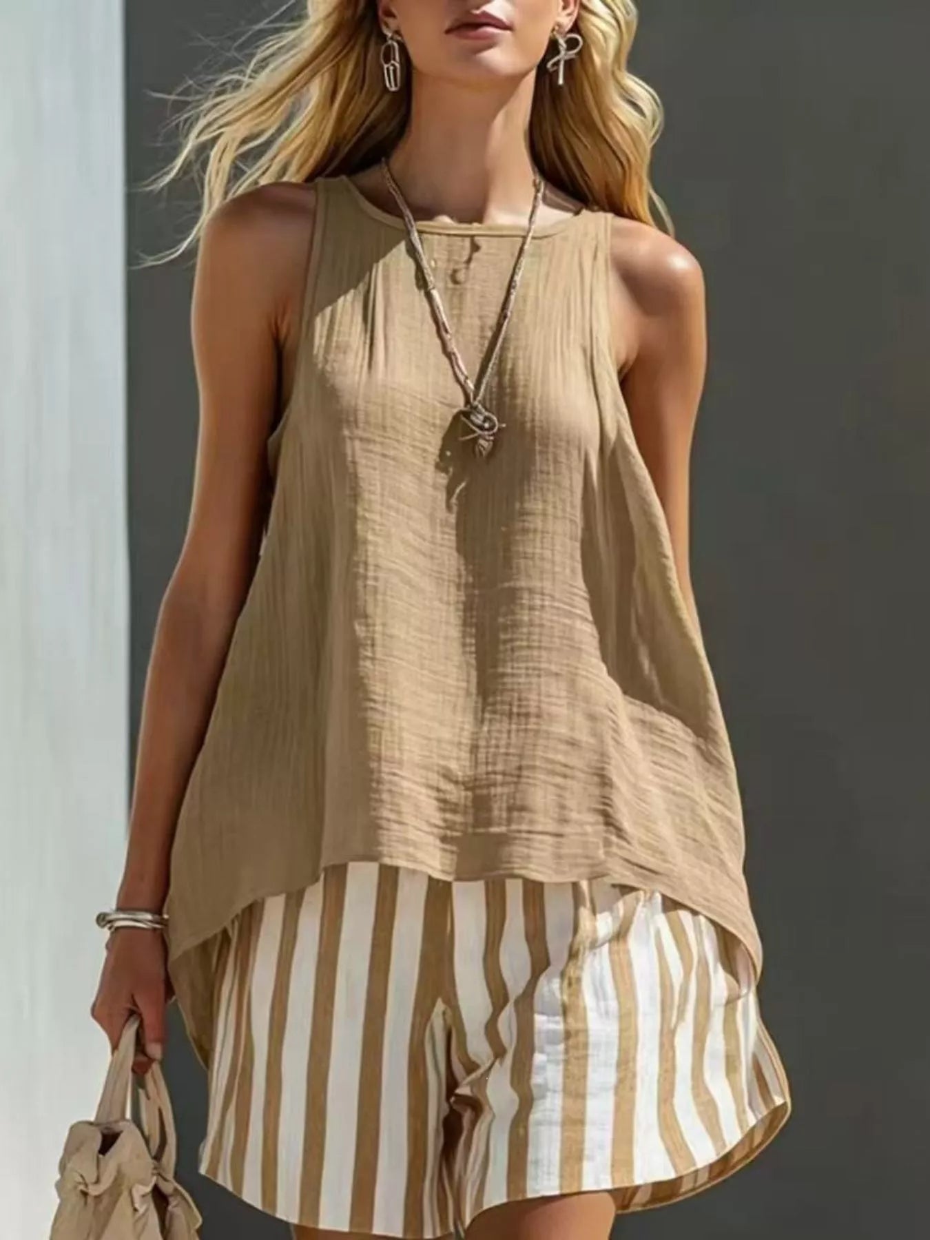 Round Neck Tank and Striped Shorts Set designed for comfort and style at Lookzlike