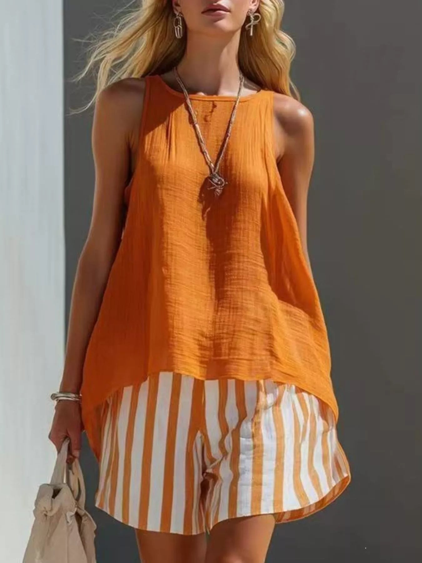 Round Neck Tank and Striped Shorts Set designed for comfort and style at Lookzlike