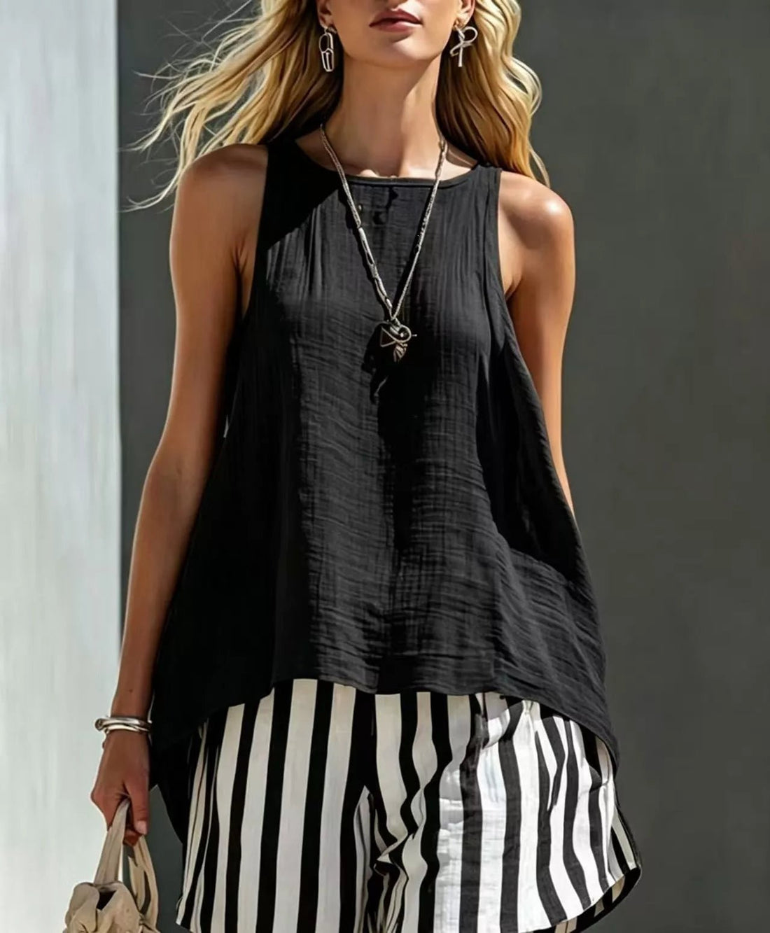 Round Neck Tank and Striped Shorts Set designed for comfort and style at Lookzlike