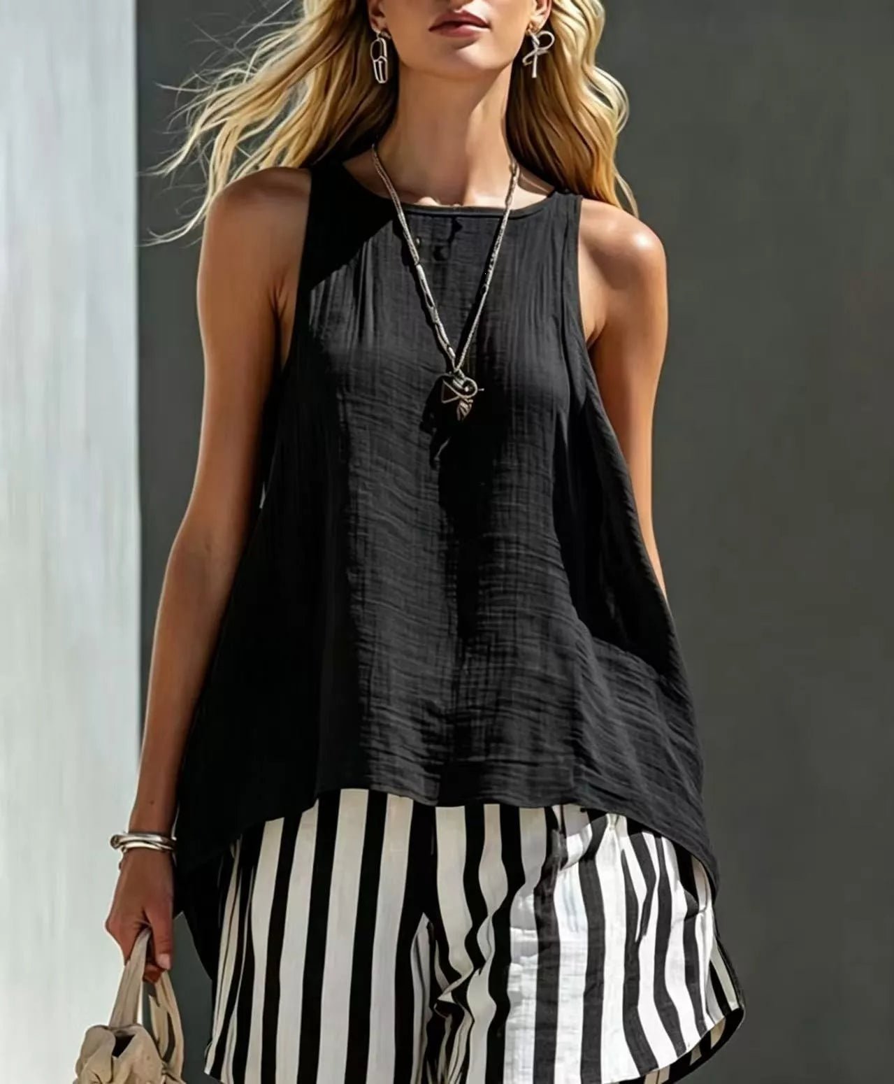 Round Neck Tank and Striped Shorts Set designed for comfort and style at Lookzlike