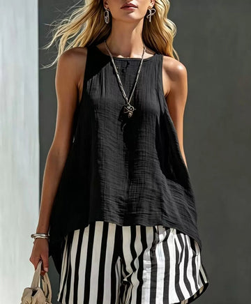 Round Neck Tank and Striped Shorts Set designed for comfort and style at Lookzlike