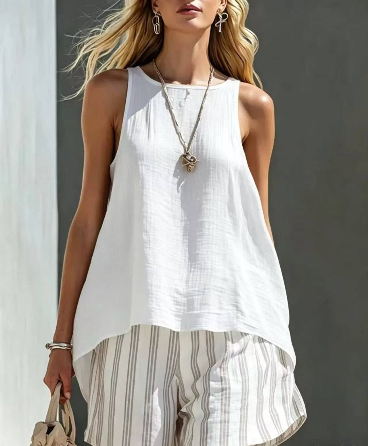 Round Neck Tank and Striped Shorts Set designed for comfort and style at Lookzlike