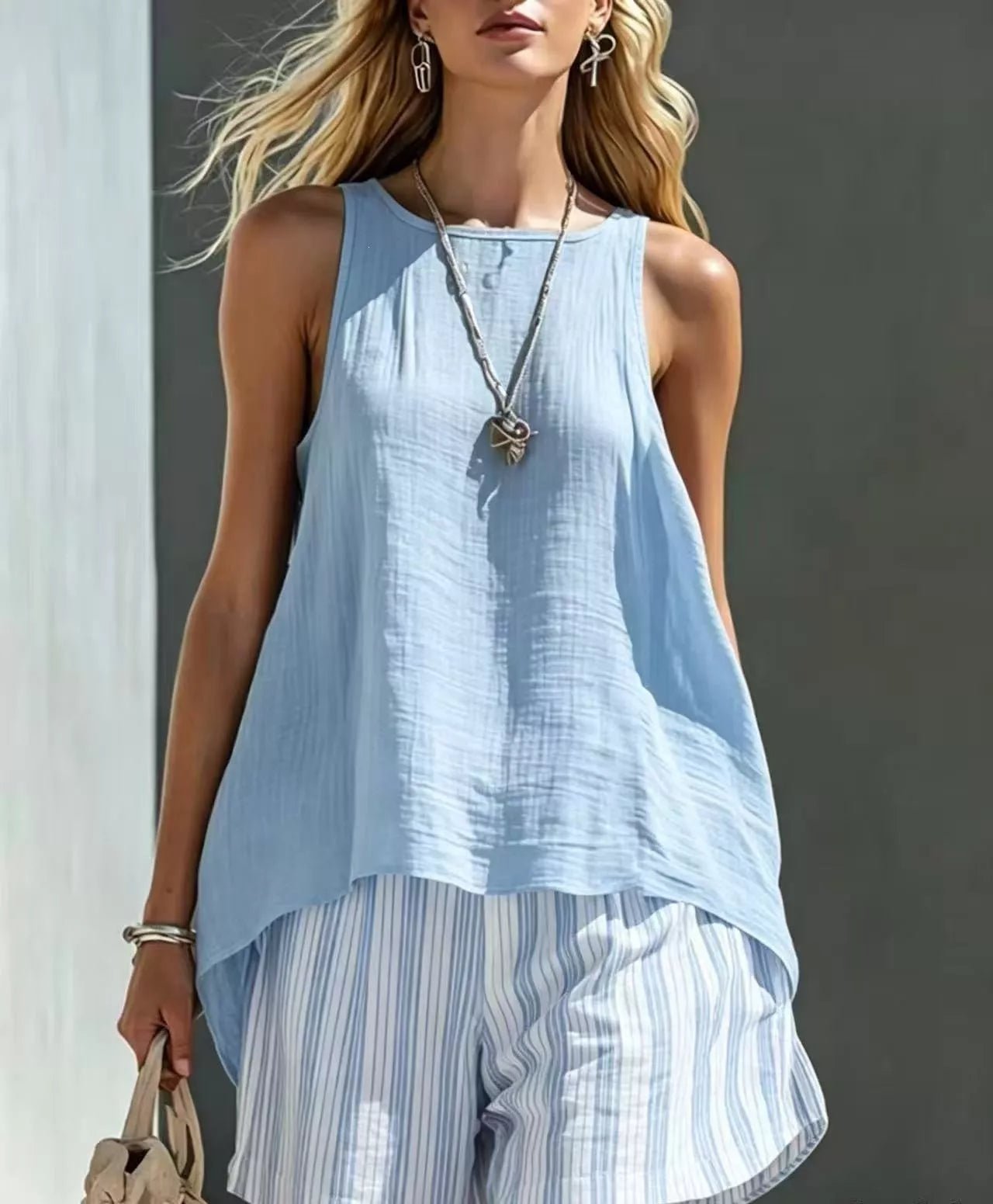 Round Neck Tank and Striped Shorts Set designed for comfort and style at Lookzlike