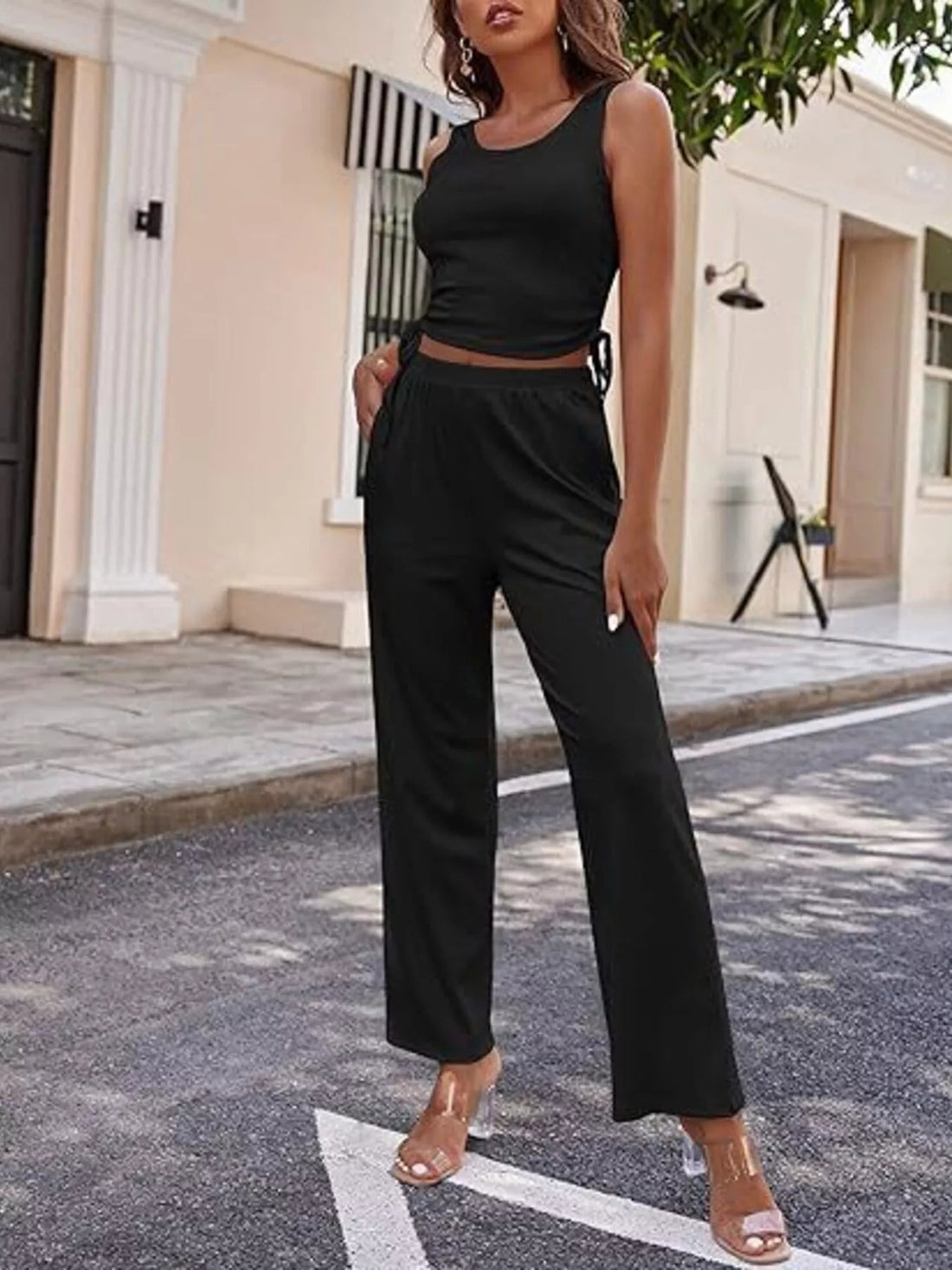 Round Neck Tank & Cardigan & Pants Set designed for comfort and style at Lookzlike