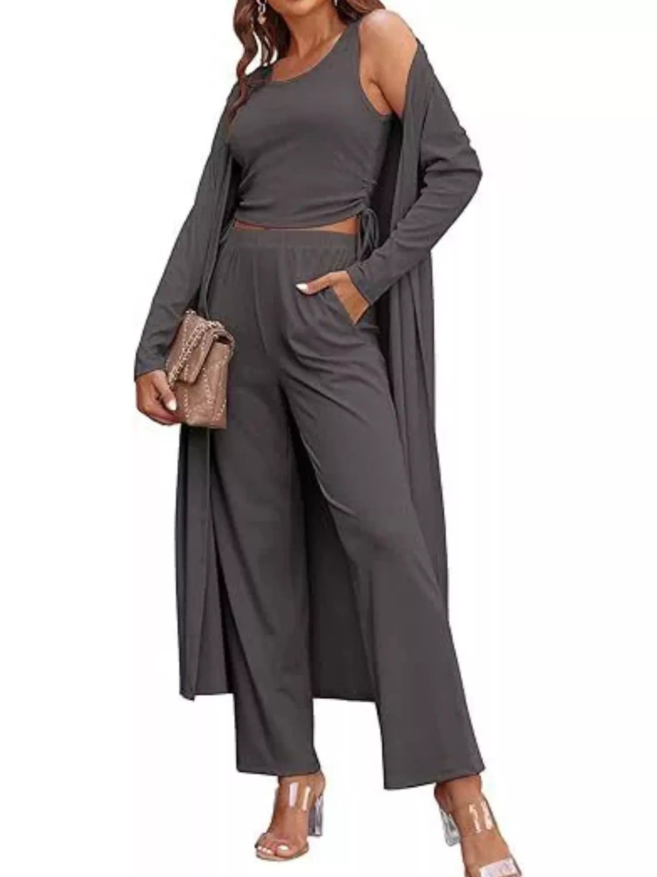 Round Neck Tank & Cardigan & Pants Set designed for comfort and style at Lookzlike