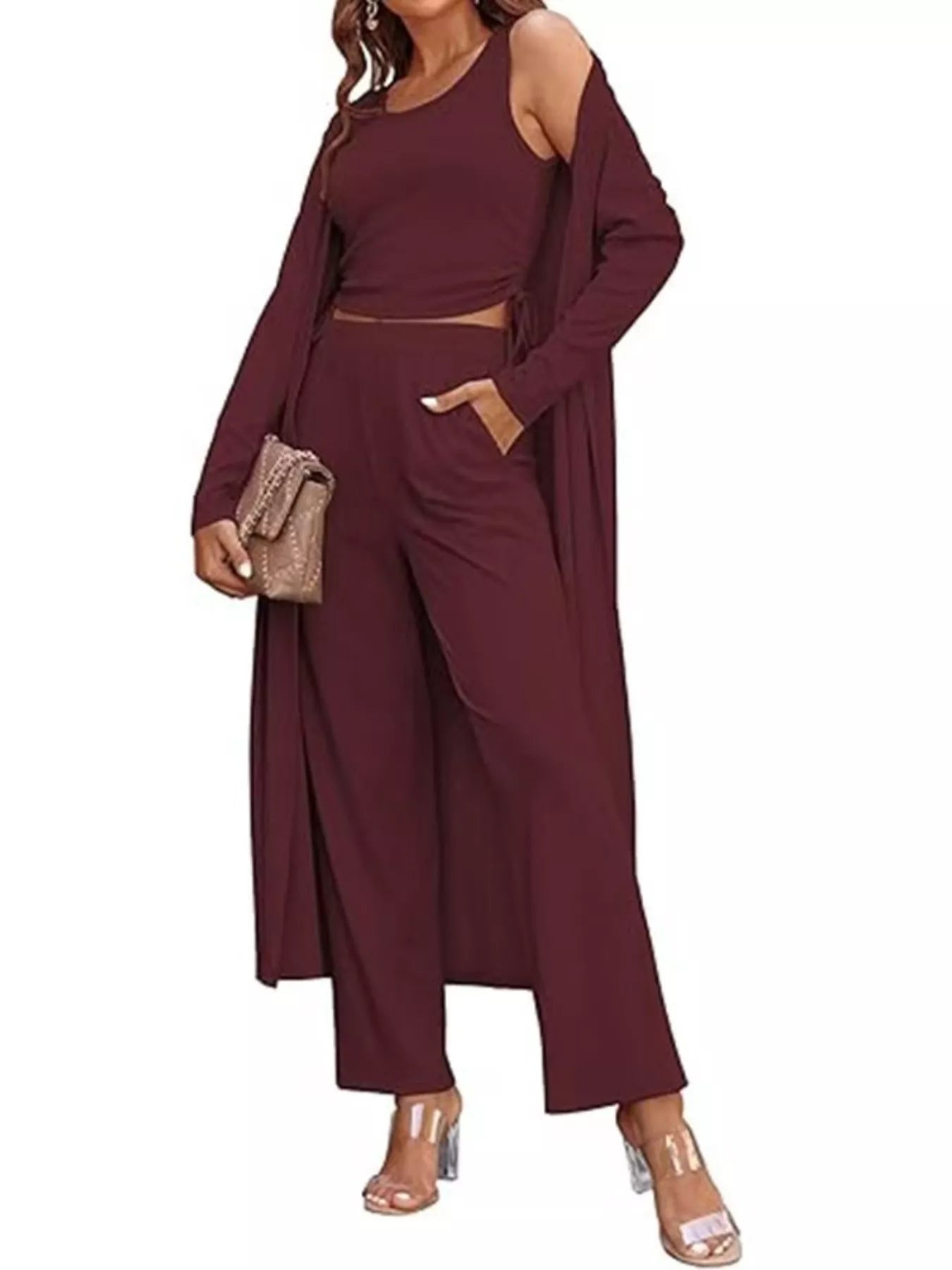 Round Neck Tank & Cardigan & Pants Set designed for comfort and style at Lookzlike