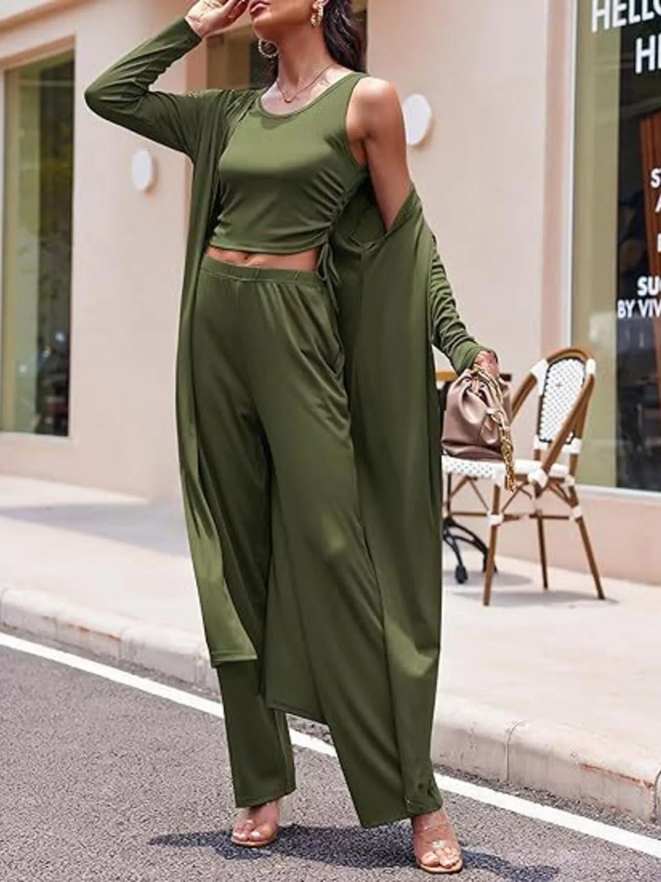 Round Neck Tank & Cardigan & Pants Set designed for comfort and style at Lookzlike