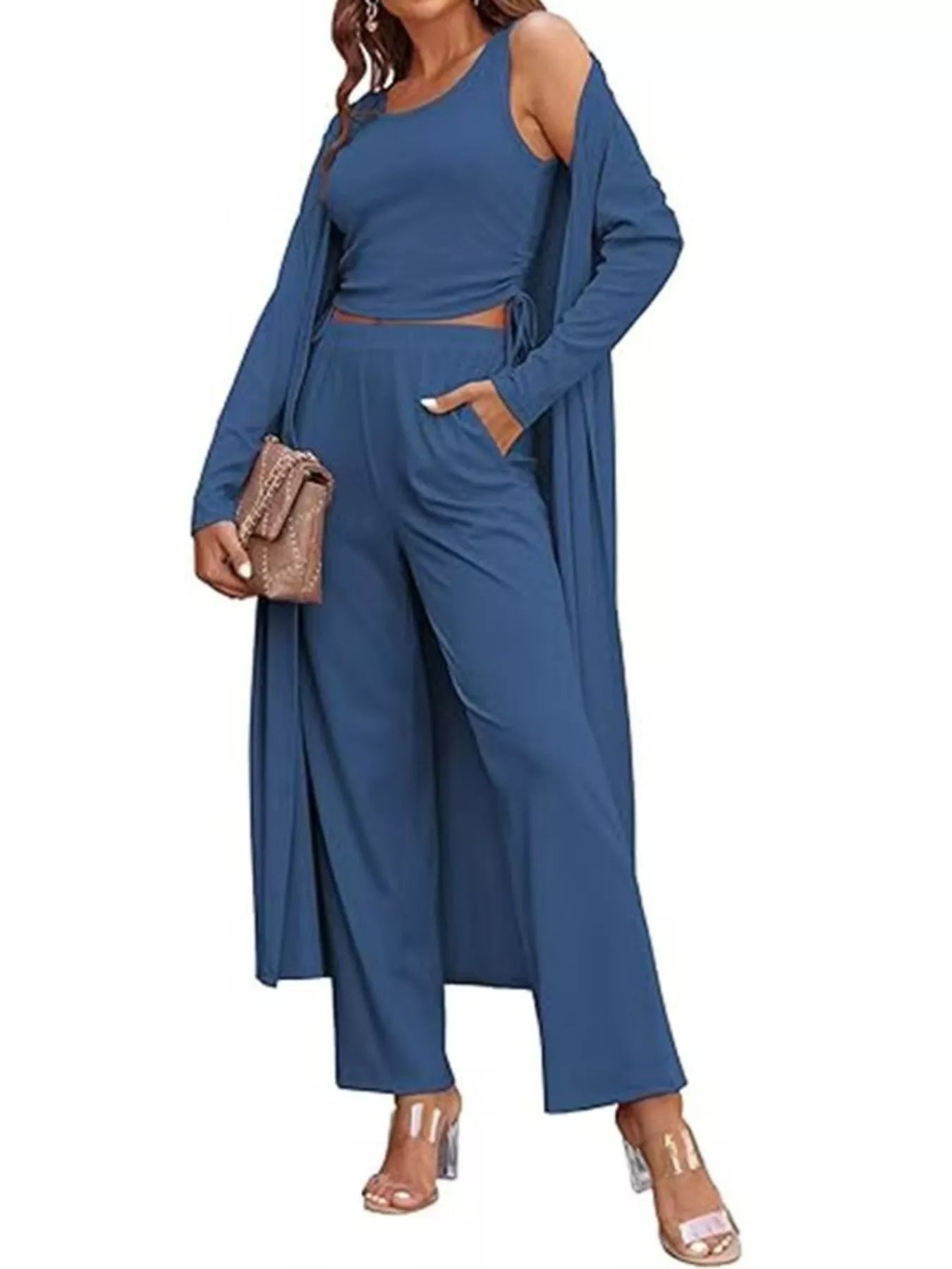Round Neck Tank & Cardigan & Pants Set designed for comfort and style at Lookzlike