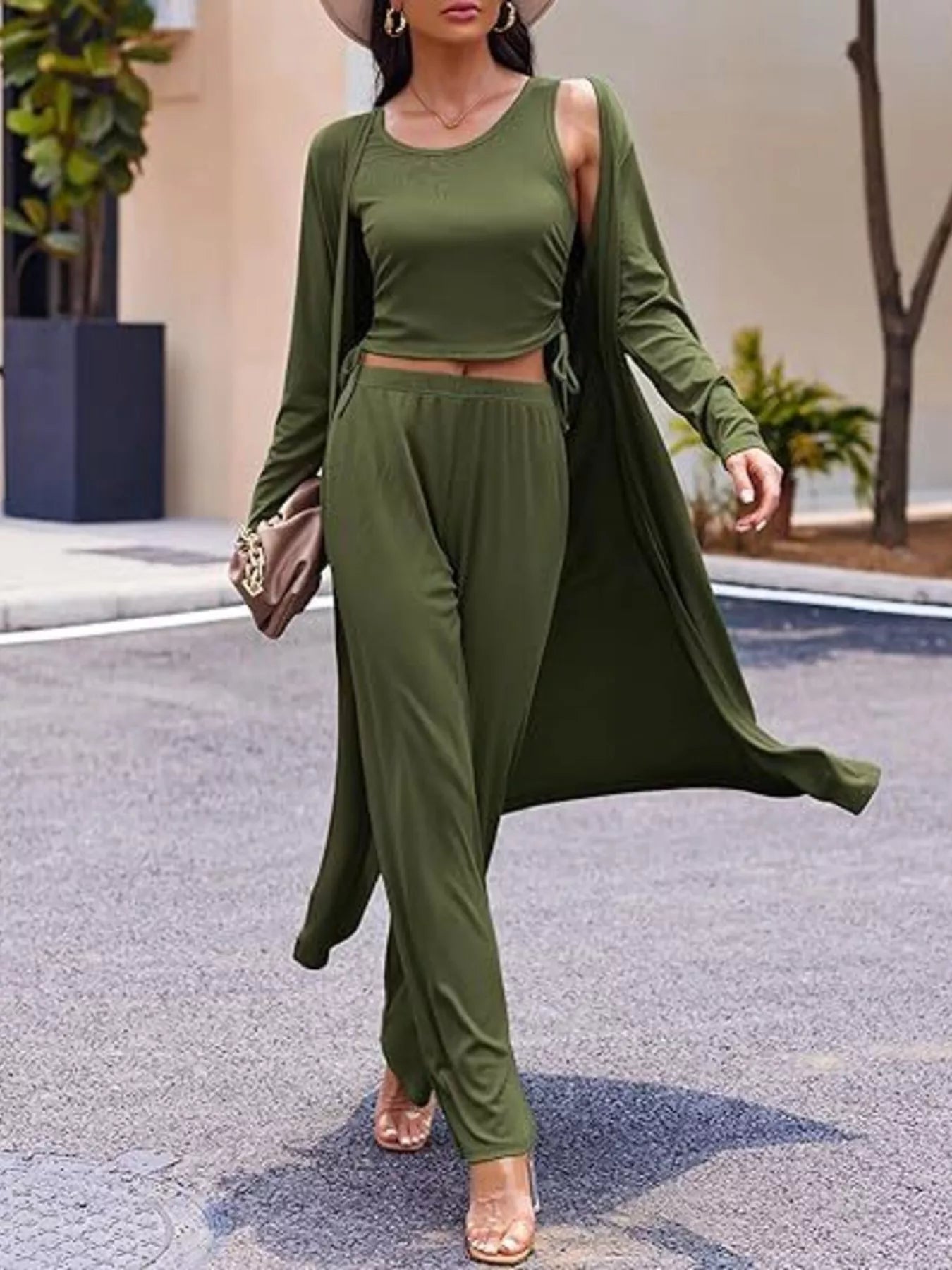 Round Neck Tank & Cardigan & Pants Set designed for comfort and style at Lookzlike