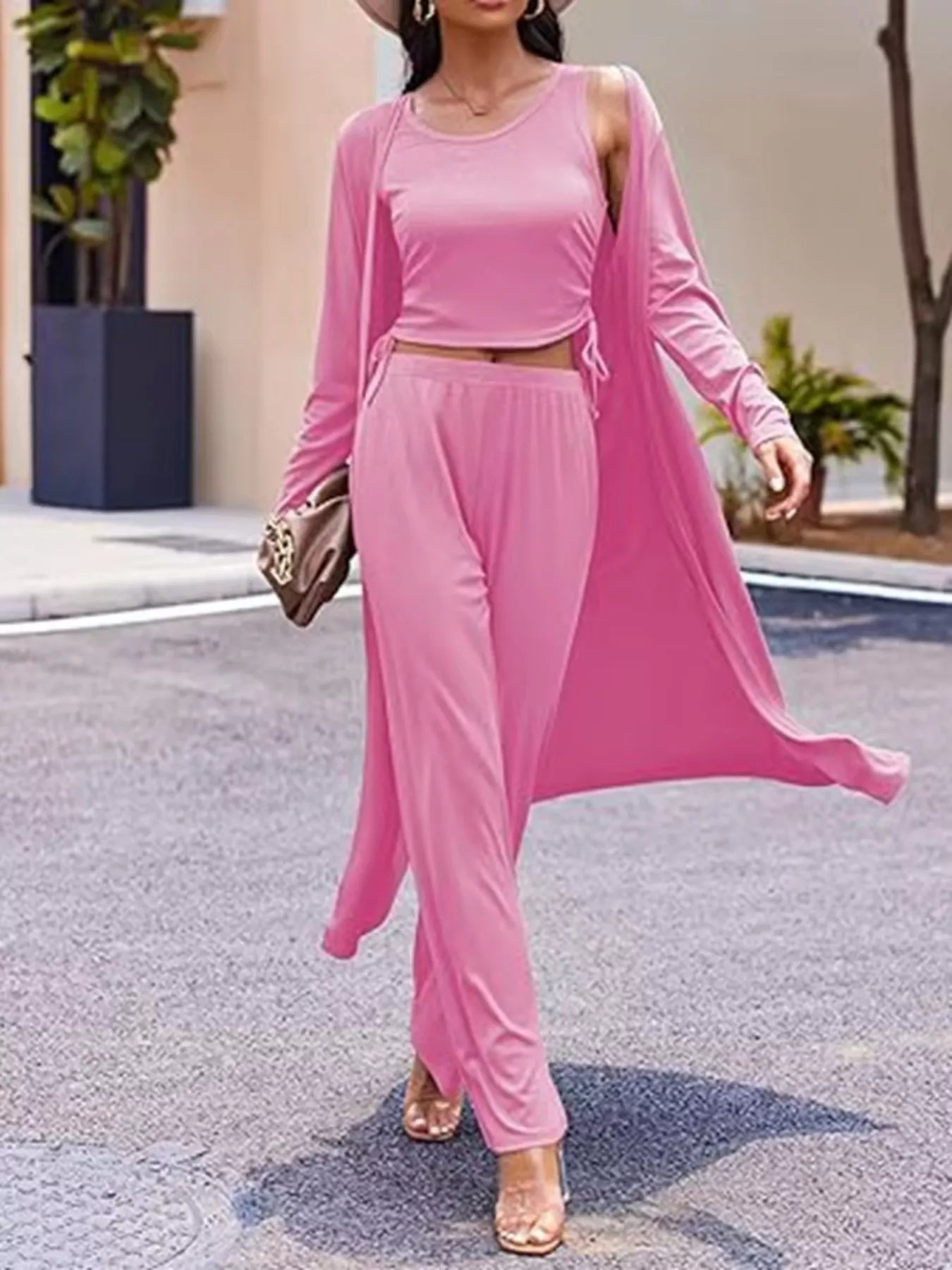 Round Neck Tank & Cardigan & Pants Set designed for comfort and style at Lookzlike