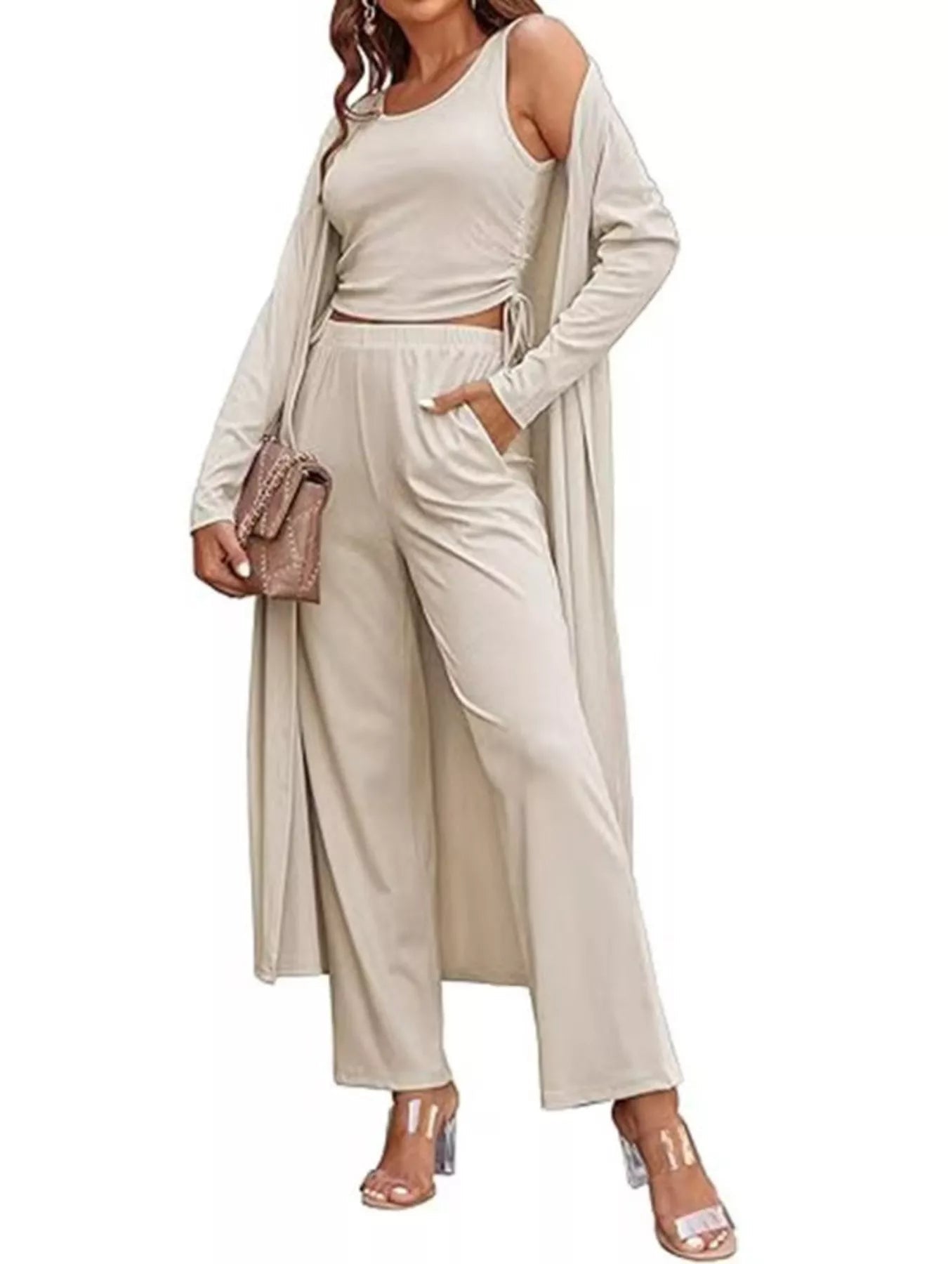 Round Neck Tank & Cardigan & Pants Set designed for comfort and style at Lookzlike