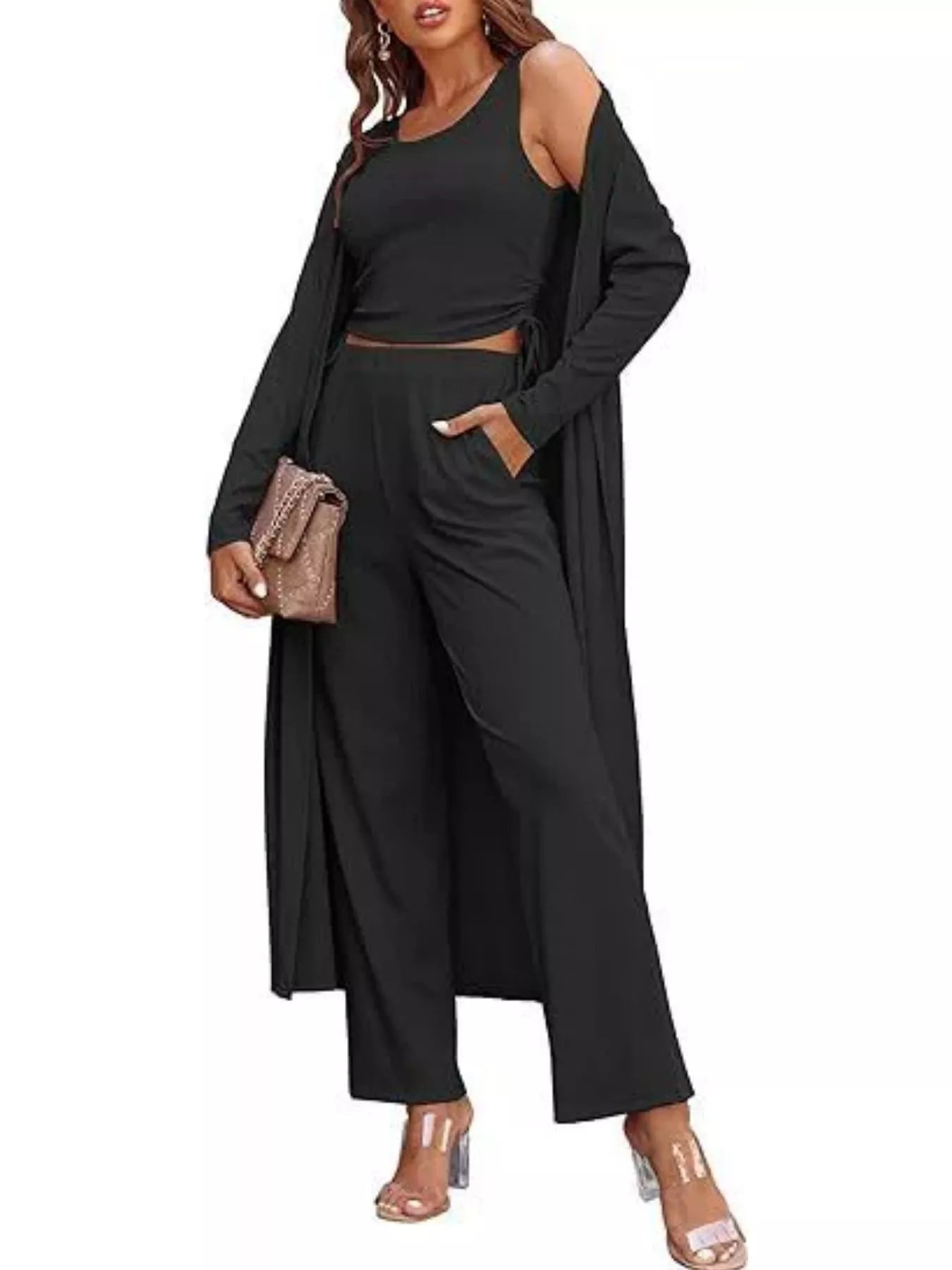 Round Neck Tank & Cardigan & Pants Set designed for comfort and style at Lookzlike