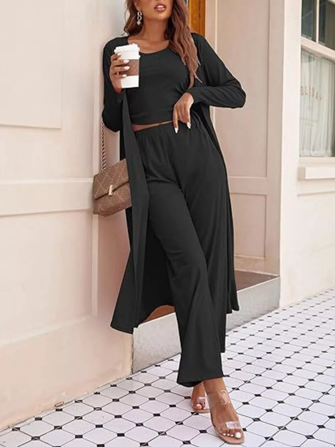 Round Neck Tank & Cardigan & Pants Set designed for comfort and style at Lookzlike