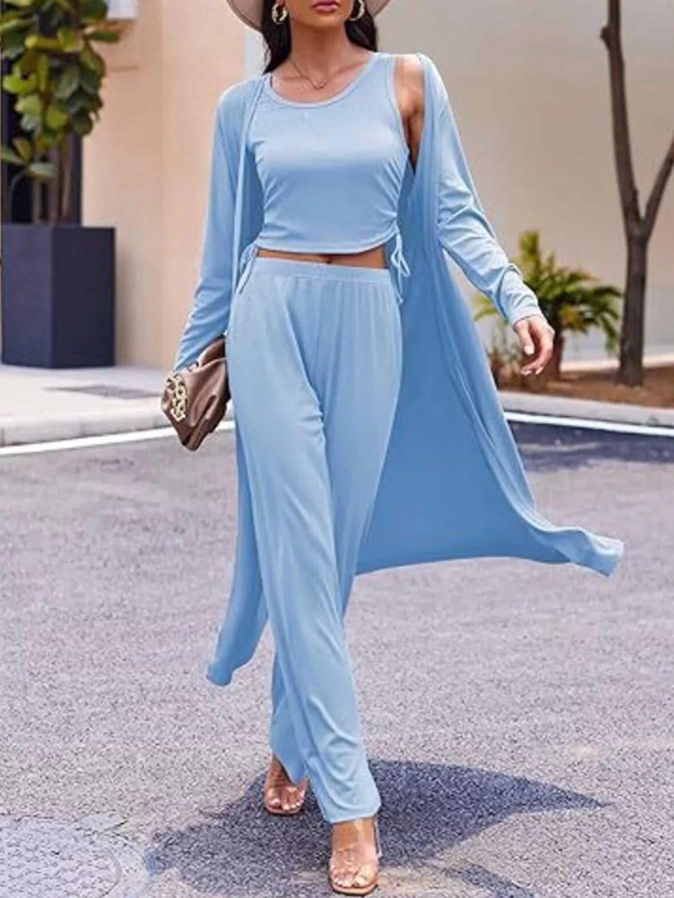 Round Neck Tank & Cardigan & Pants Set designed for comfort and style at Lookzlike