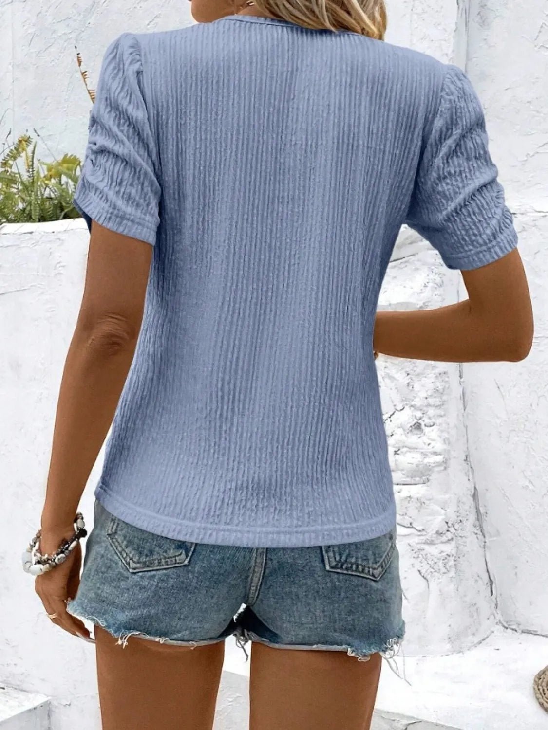 Ruched Round Neck Short Sleeve Top - Lookzlike