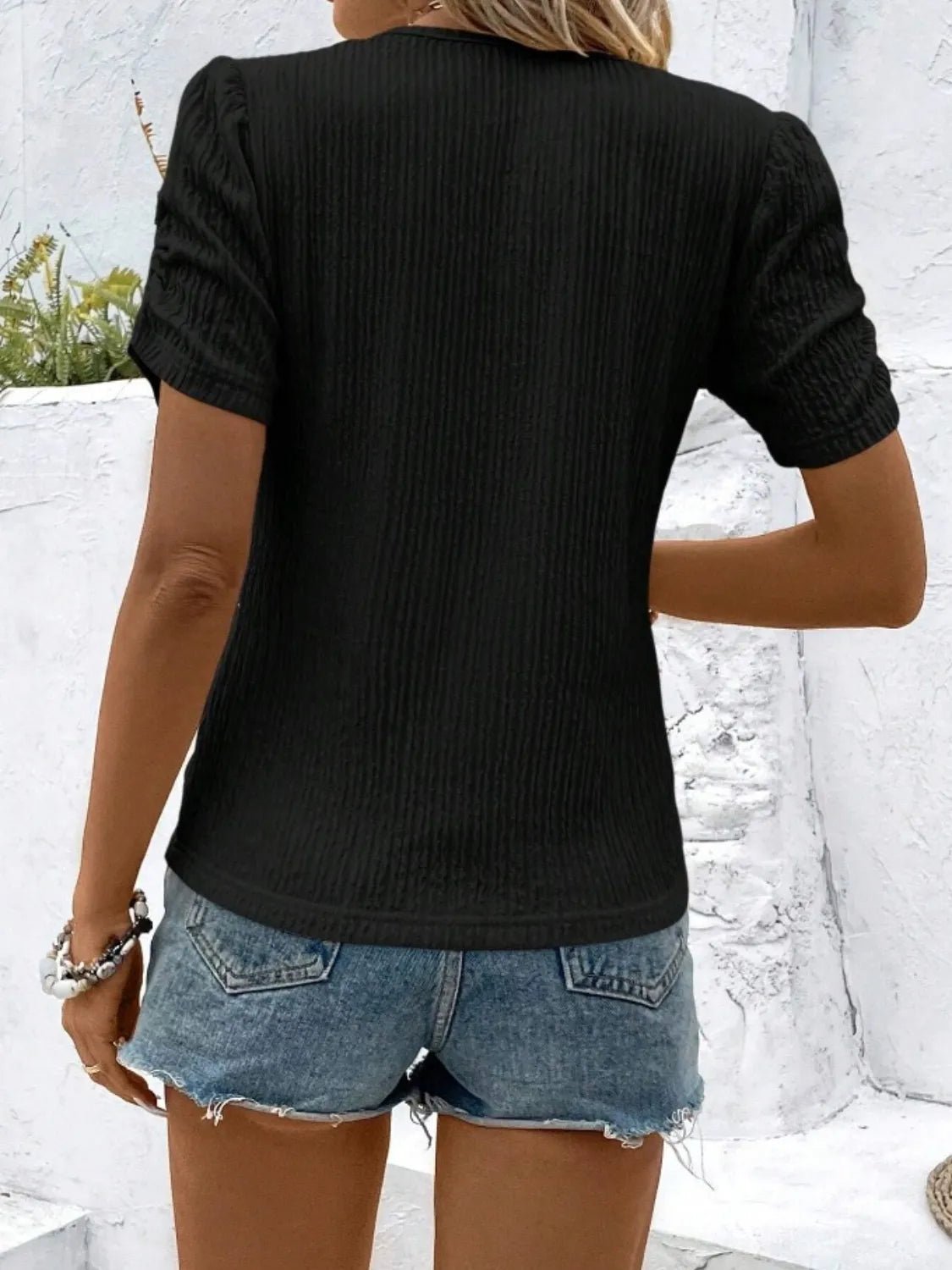 Ruched Round Neck Short Sleeve Top - Lookzlike