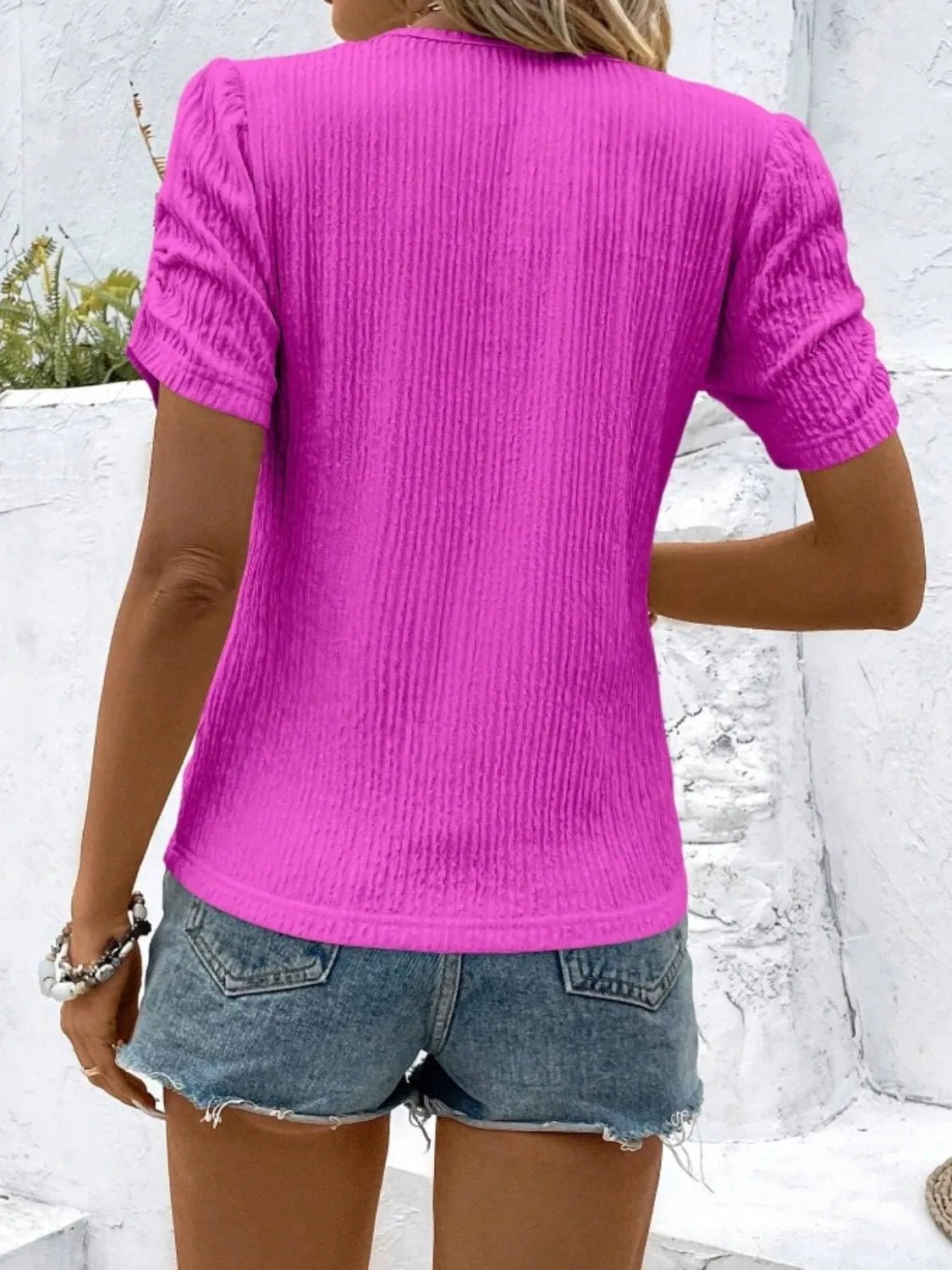 Ruched Round Neck Short Sleeve Top - Lookzlike