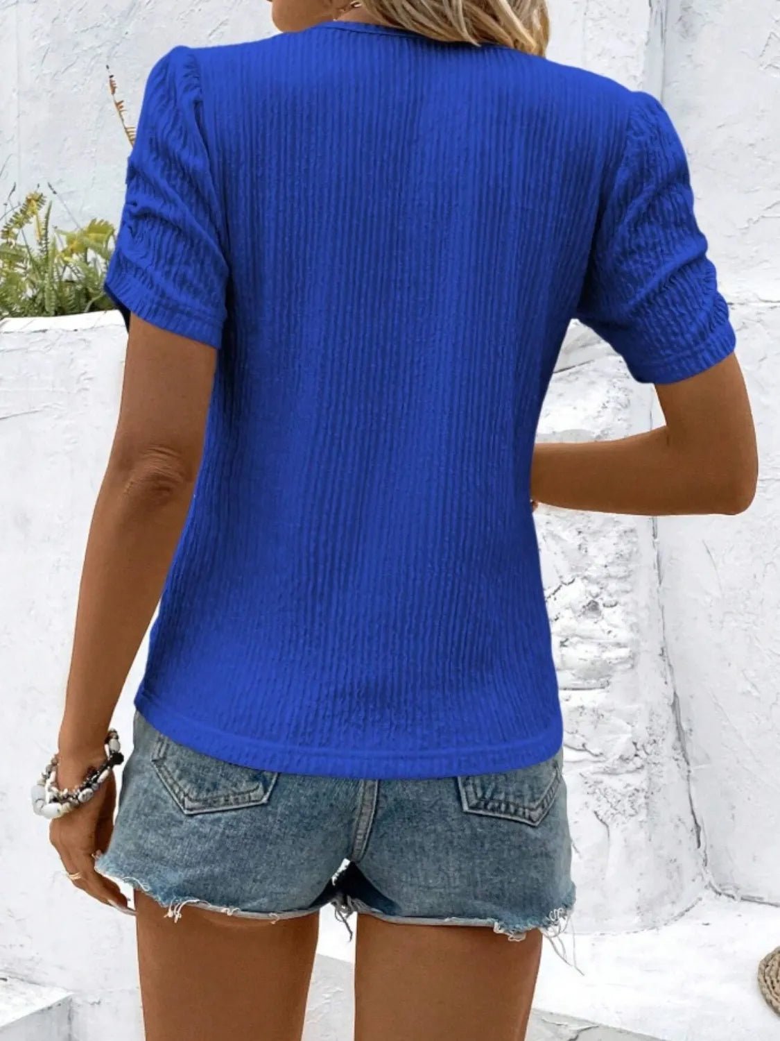 Ruched Round Neck Short Sleeve Top - Lookzlike
