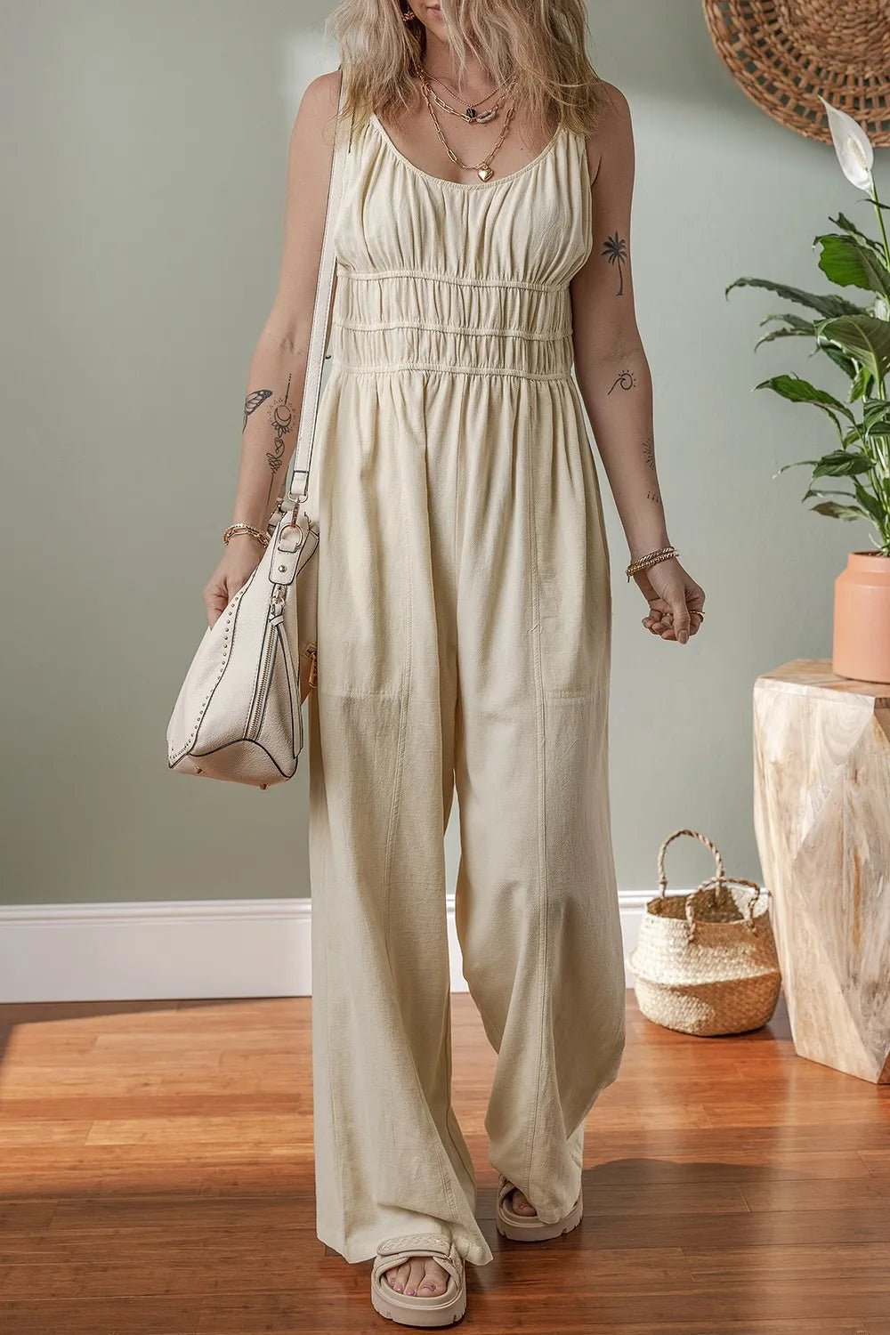 Ruched Sleeveless Wide Leg Jumpsuit - Lookzlike