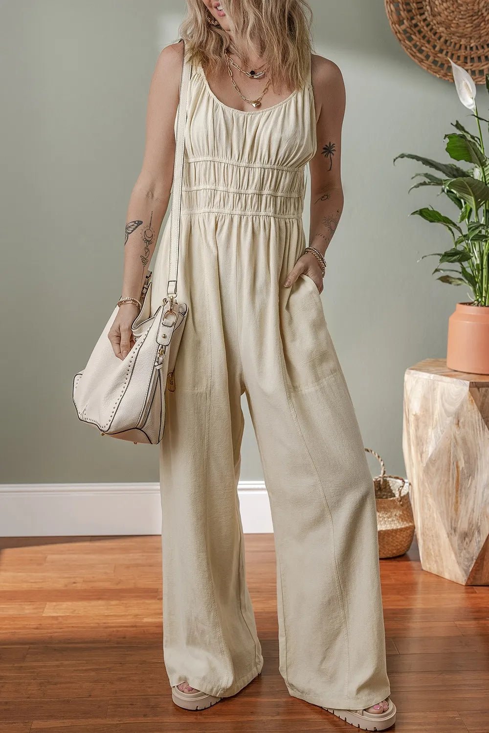 Ruched Sleeveless Wide Leg Jumpsuit - Lookzlike
