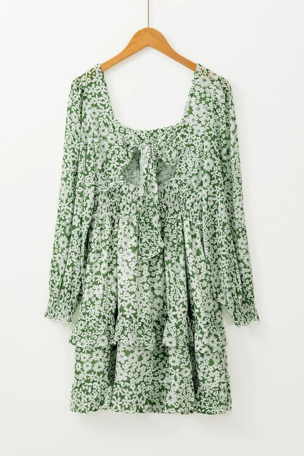 Ruffle Hem Floral Square Neck Long Sleeve Dress - Lookzlike