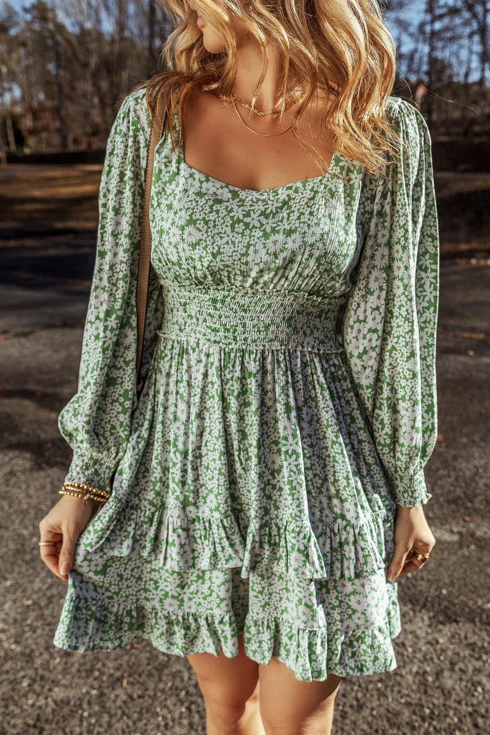 Ruffle Hem Floral Square Neck Long Sleeve Dress - Lookzlike