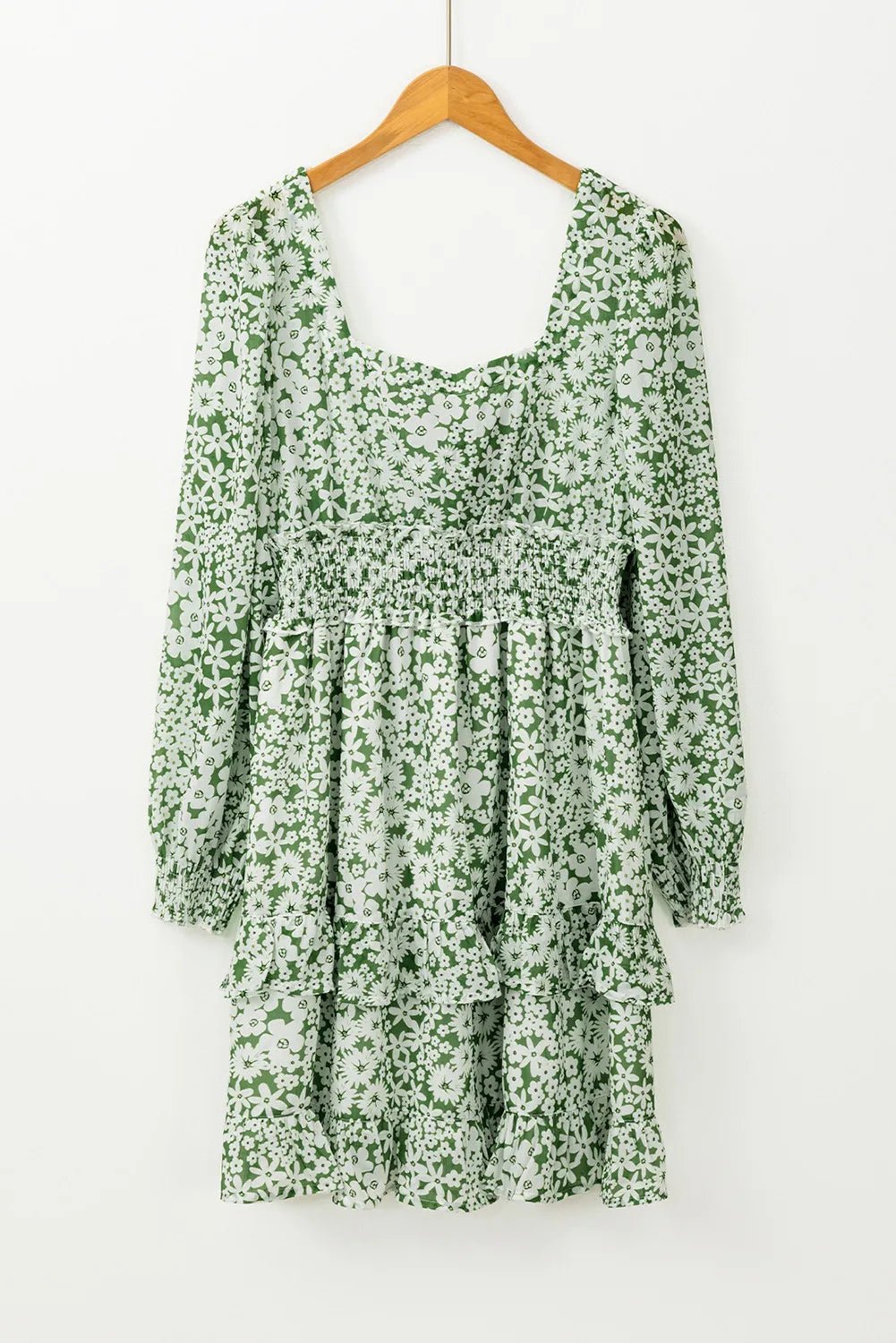Ruffle Hem Floral Square Neck Long Sleeve Dress - Lookzlike
