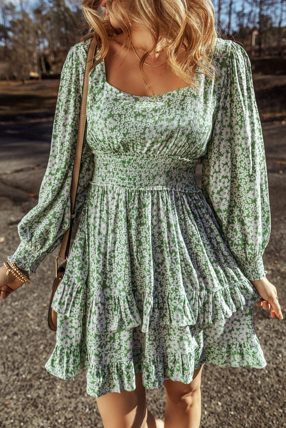 Ruffle Hem Floral Square Neck Long Sleeve Dress - Lookzlike