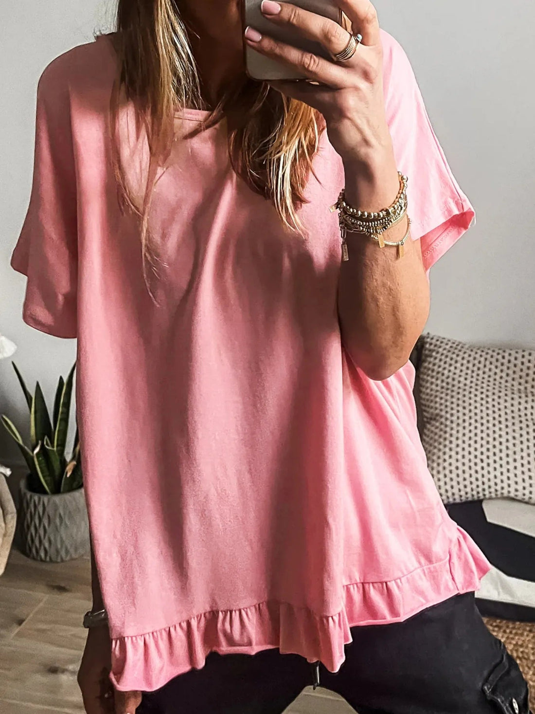 Ruffle Hem Round Neck Relaxed T-Shirt - Lookzlike