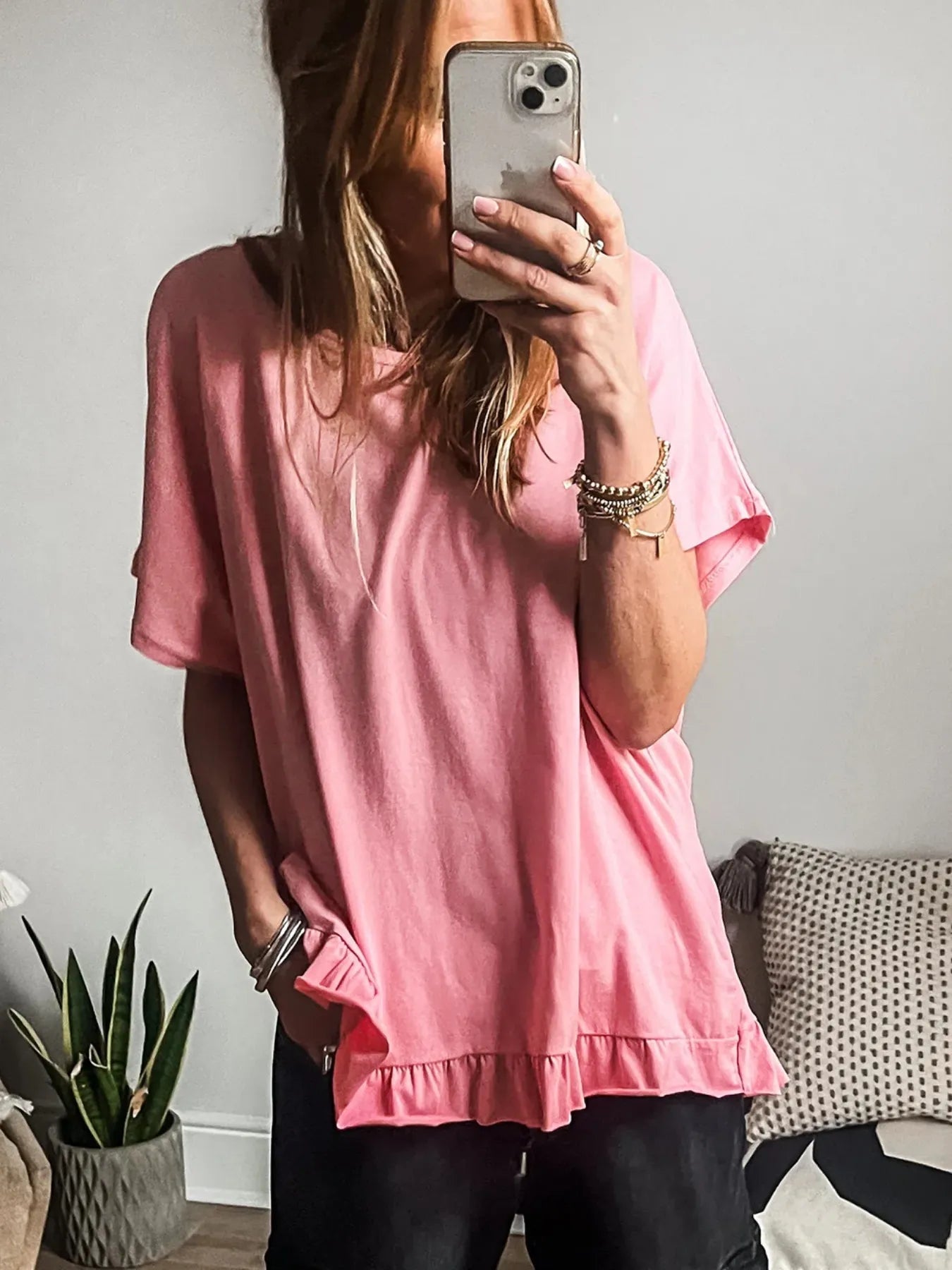 Ruffle Hem Round Neck Relaxed T-Shirt - Lookzlike