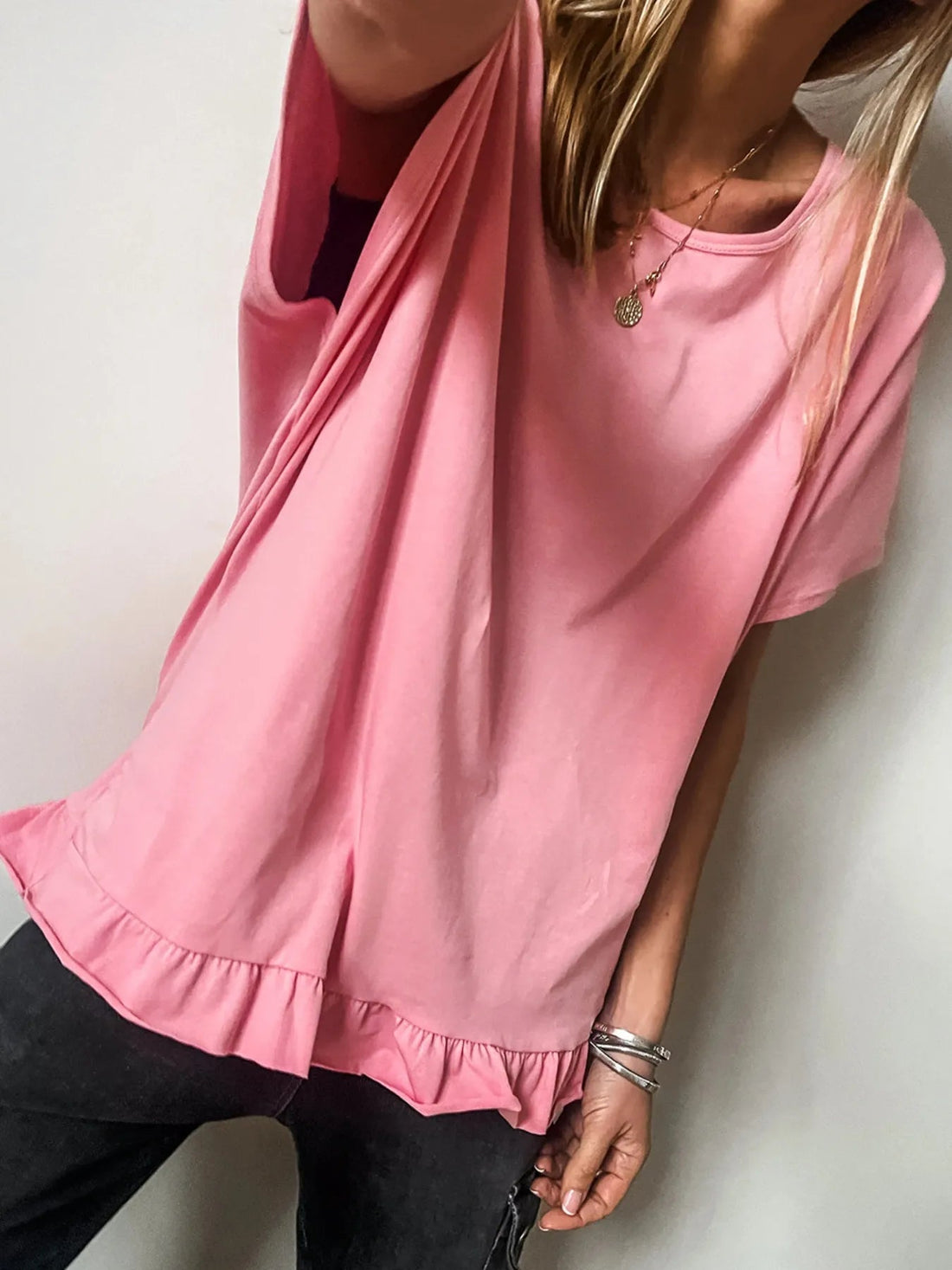 Ruffle Hem Round Neck Relaxed T-Shirt - Lookzlike