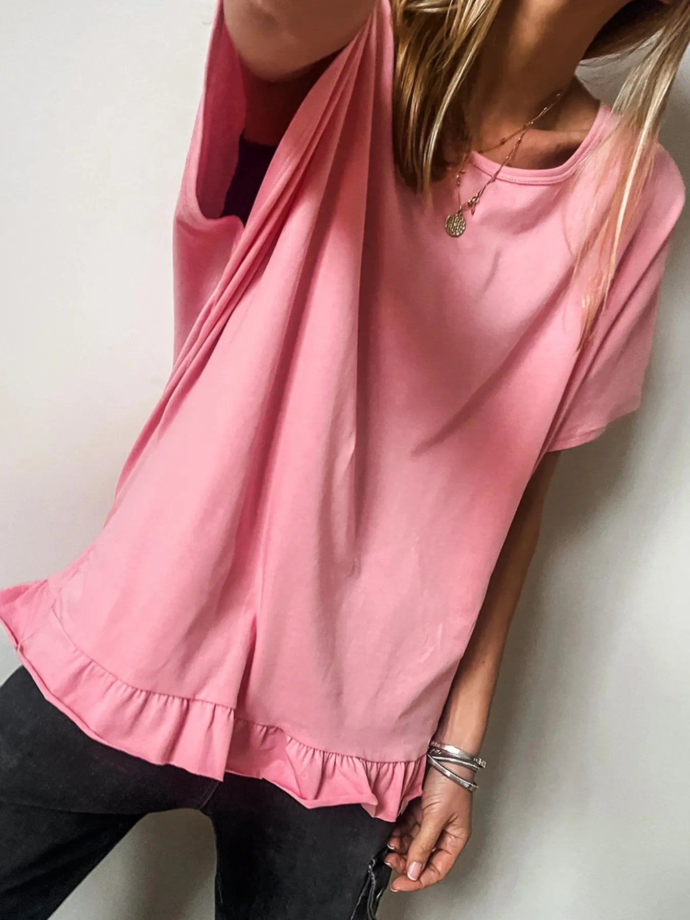 Ruffle Hem Round Neck Relaxed T-Shirt - Lookzlike