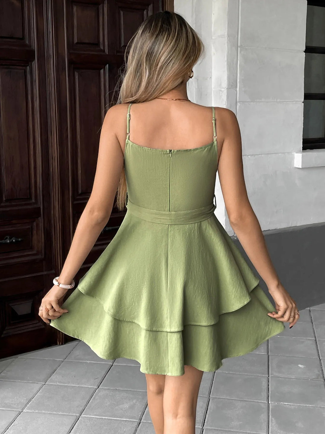 Ruffle Layered Cami Mini Dress with Bow Belt designed for comfort and style at Lookzlike