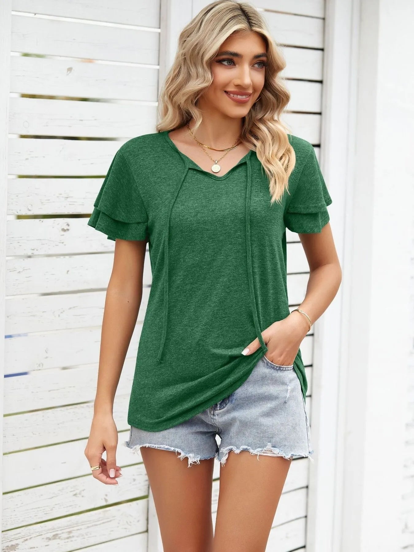 Ruffle Sleeve Keyhole Tie Neck T-Shirt - Lookzlike