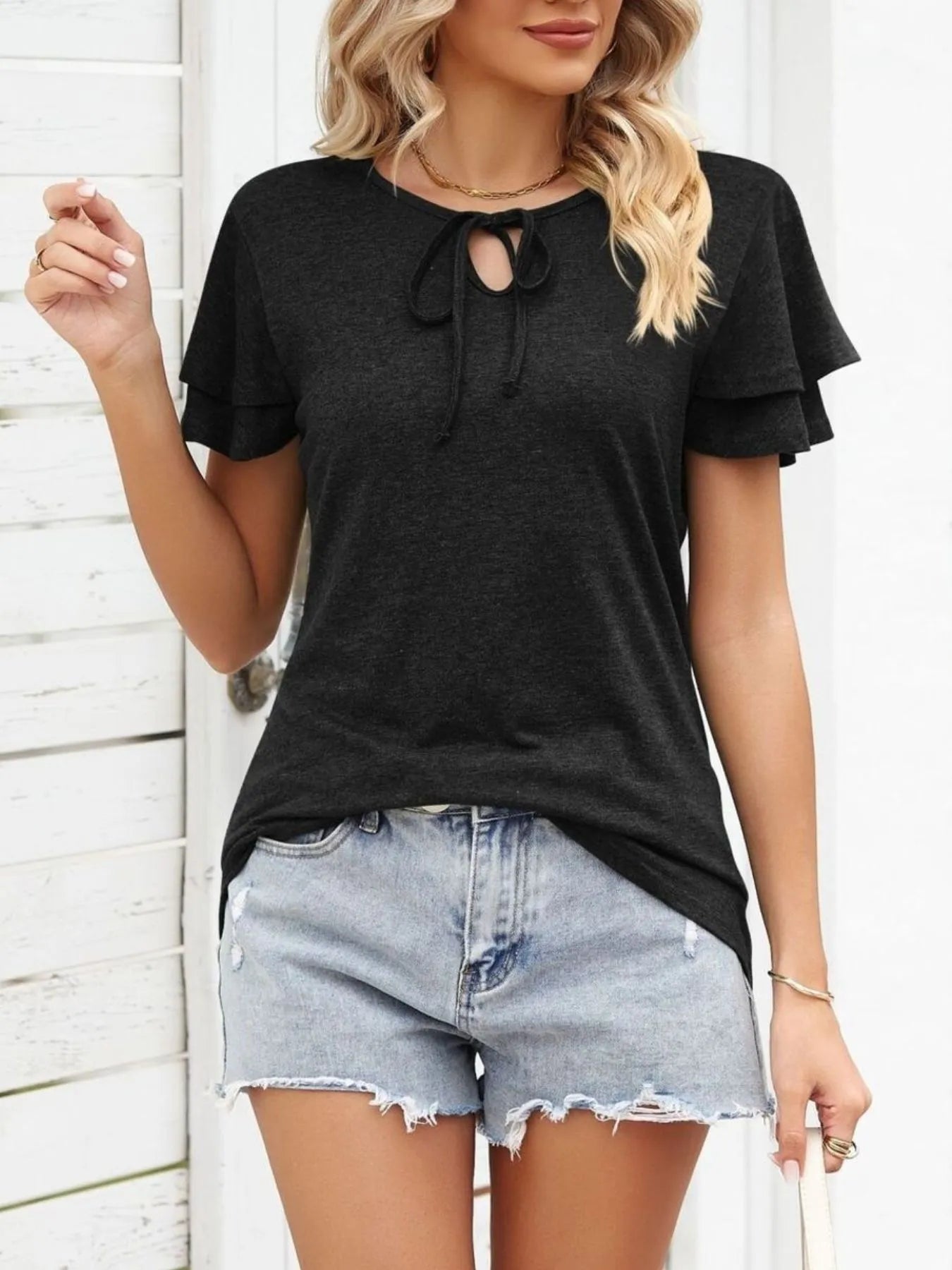 Ruffle Sleeve Keyhole Tie Neck T-Shirt - Lookzlike