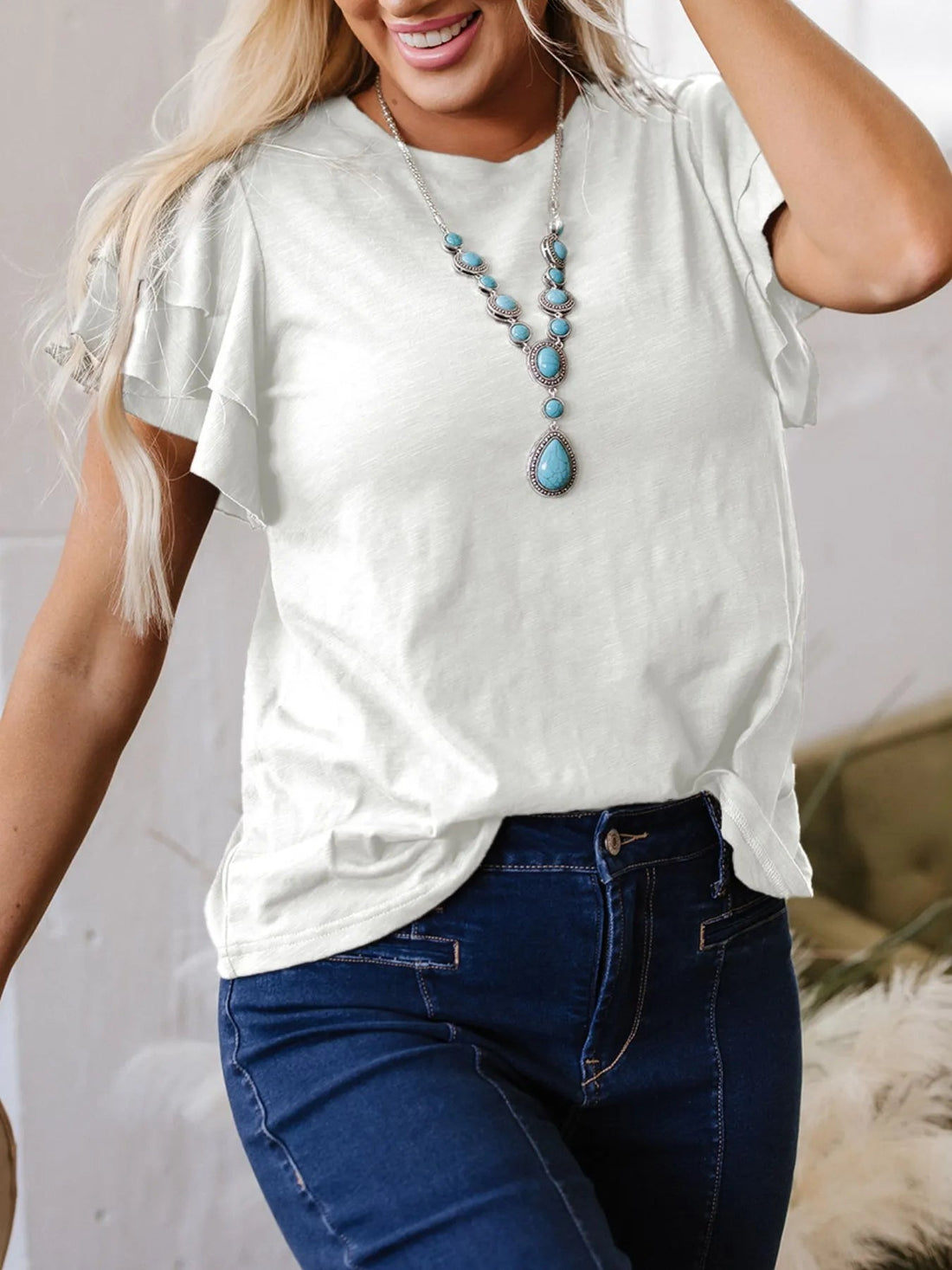 Ruffle Sleeve Round Neck Top - Lookzlike