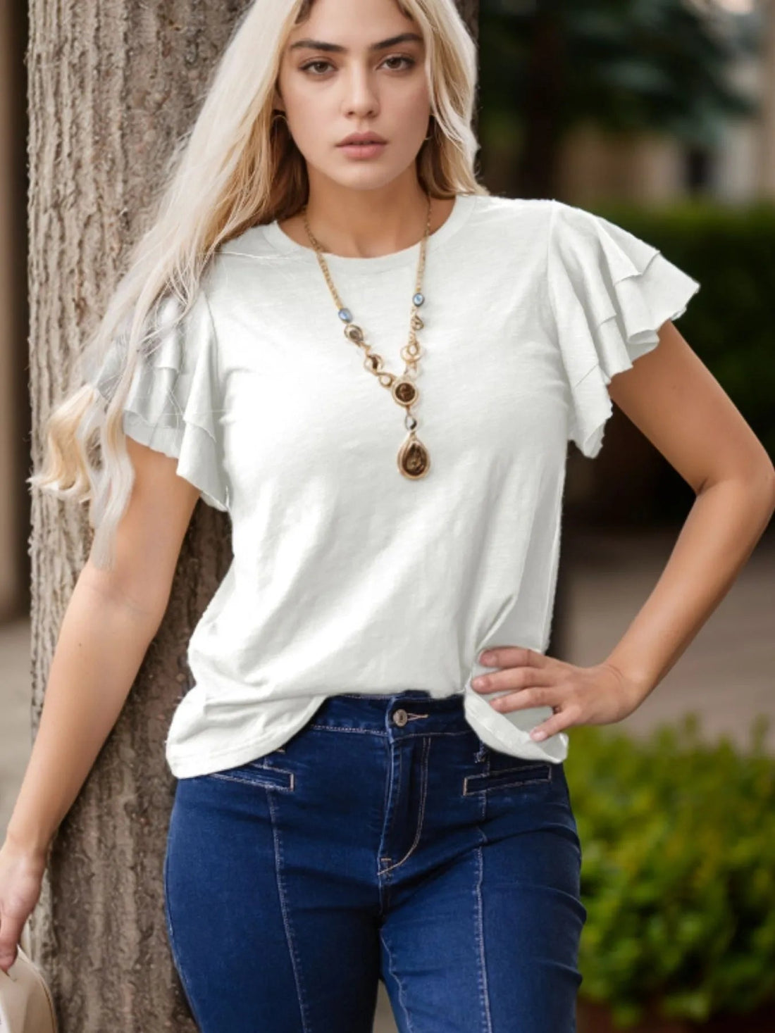 Ruffle Sleeve Round Neck Top - Lookzlike
