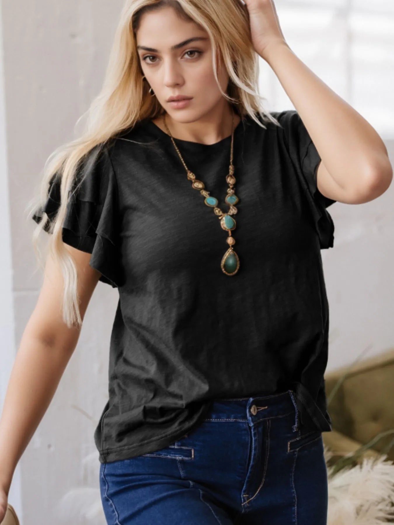 Ruffle Sleeve Round Neck Top - Lookzlike
