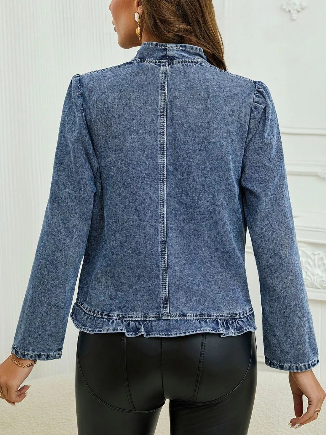 Ruffle Trim Cropped Denim Jacket designed for comfort and style at Lookzlike