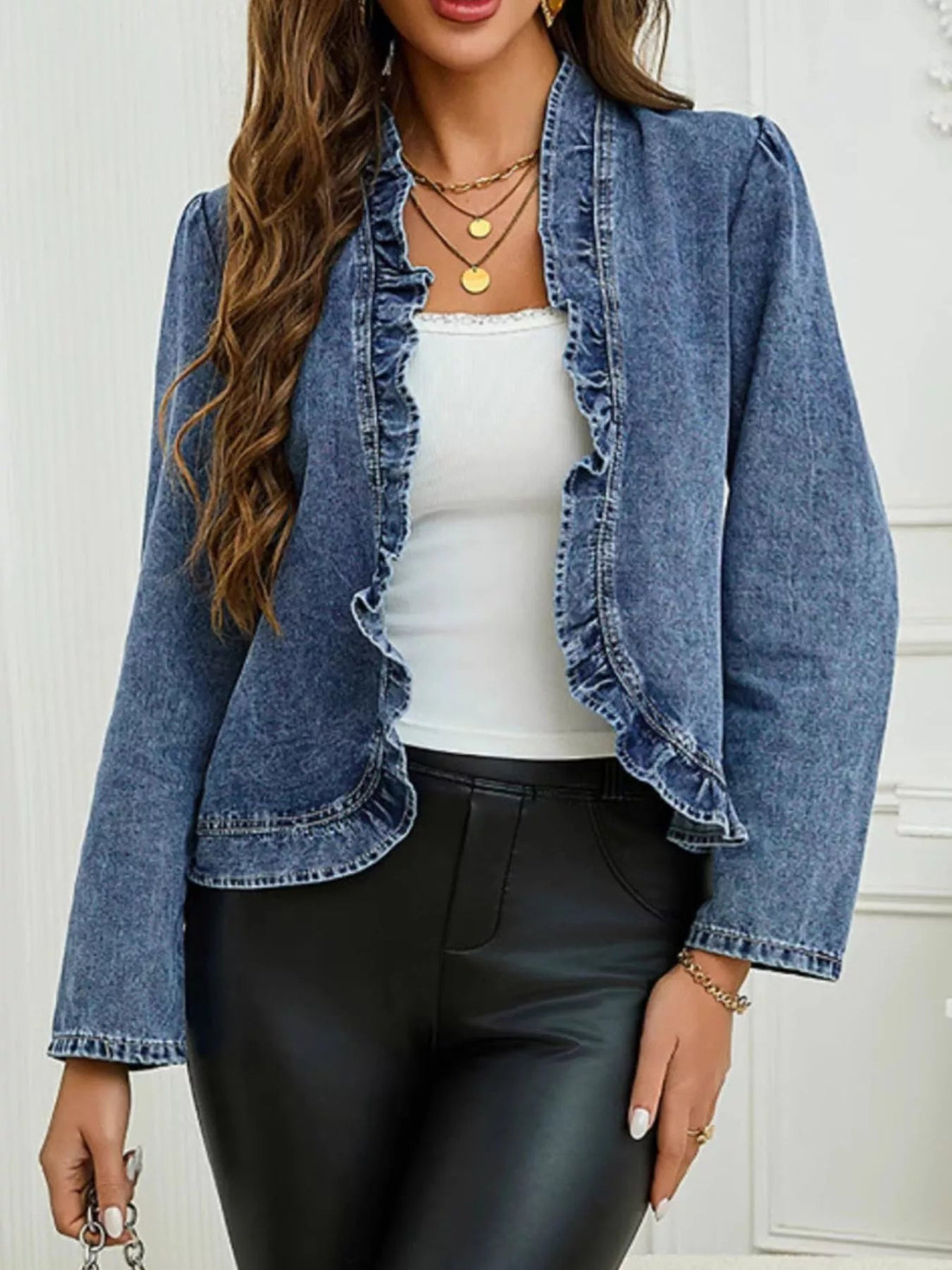 Ruffle Trim Cropped Denim Jacket designed for comfort and style at Lookzlike