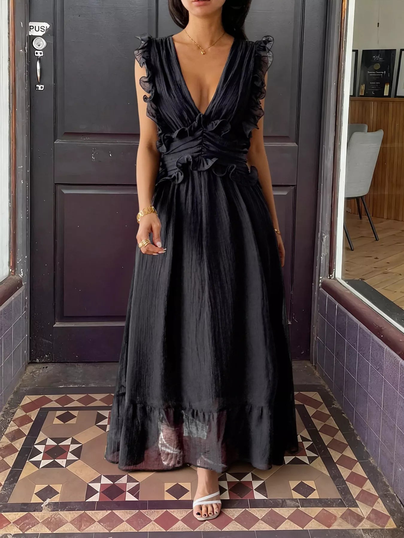 Ruffle Trim Deep V - Neck Maxi Dress designed for comfort and style at Lookzlike