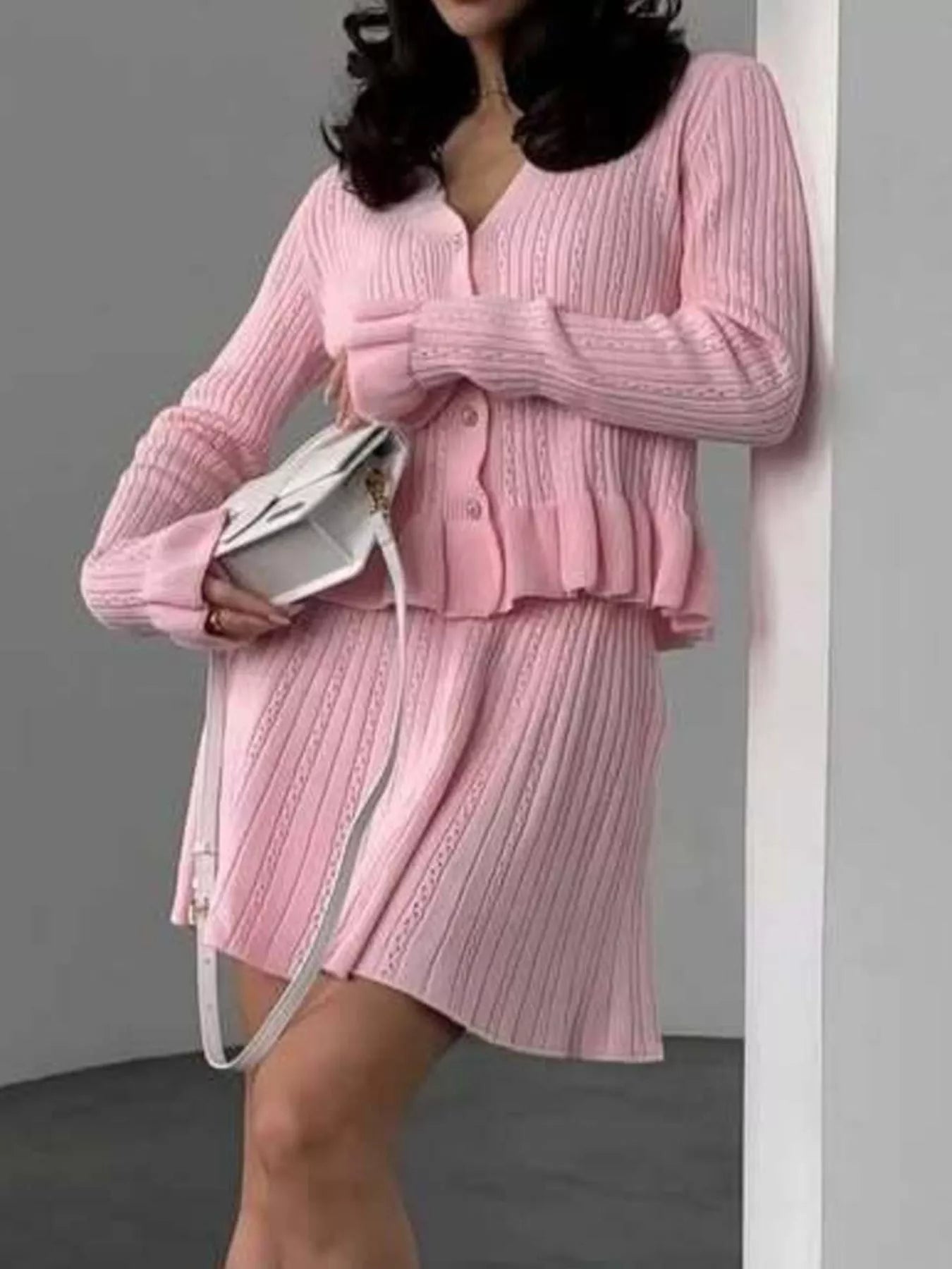 Ruffle Trim Knit Cardigan & Skirt Set designed for comfort and style at Lookzlike