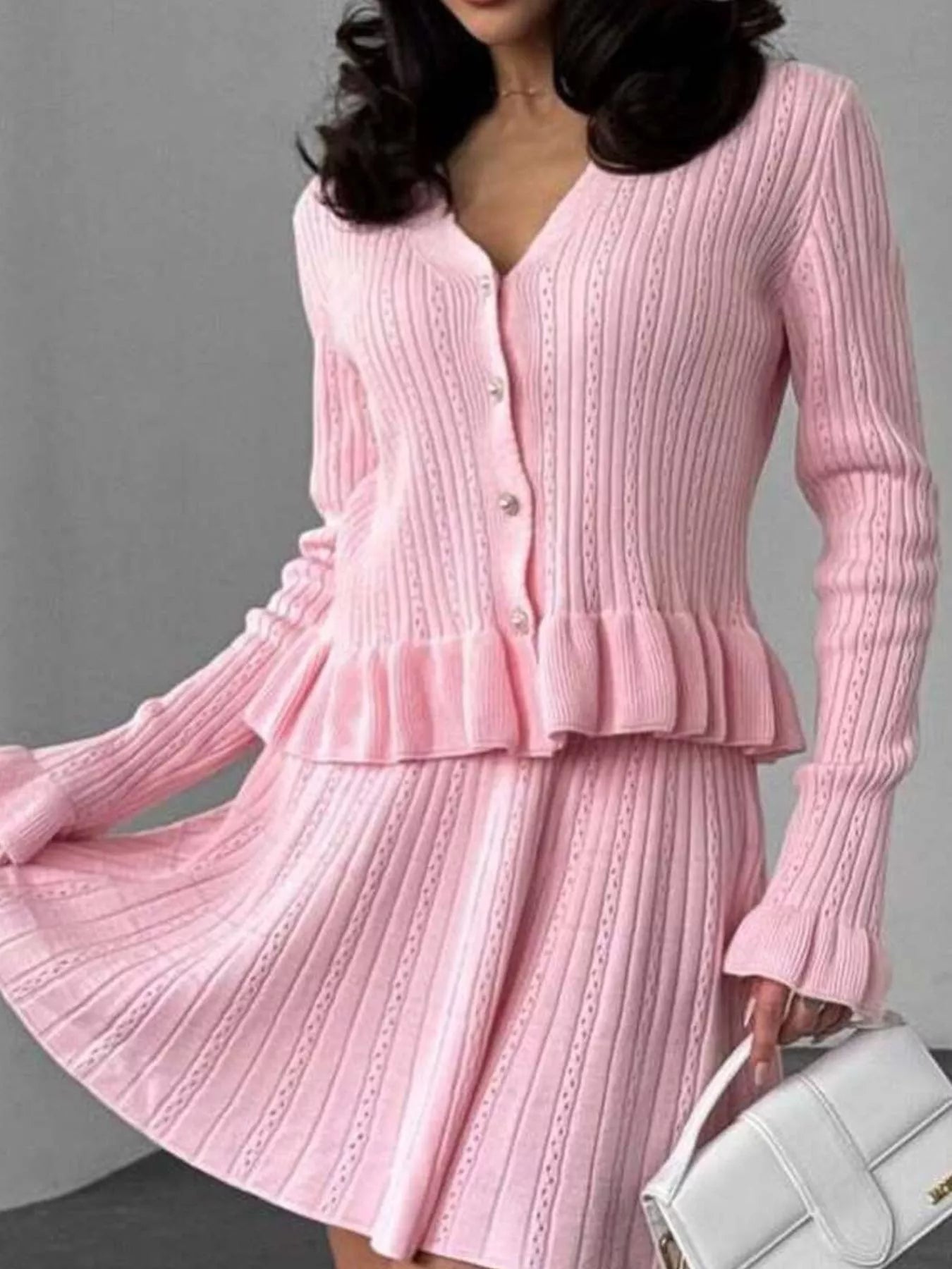 Ruffle Trim Knit Cardigan & Skirt Set designed for comfort and style at Lookzlike