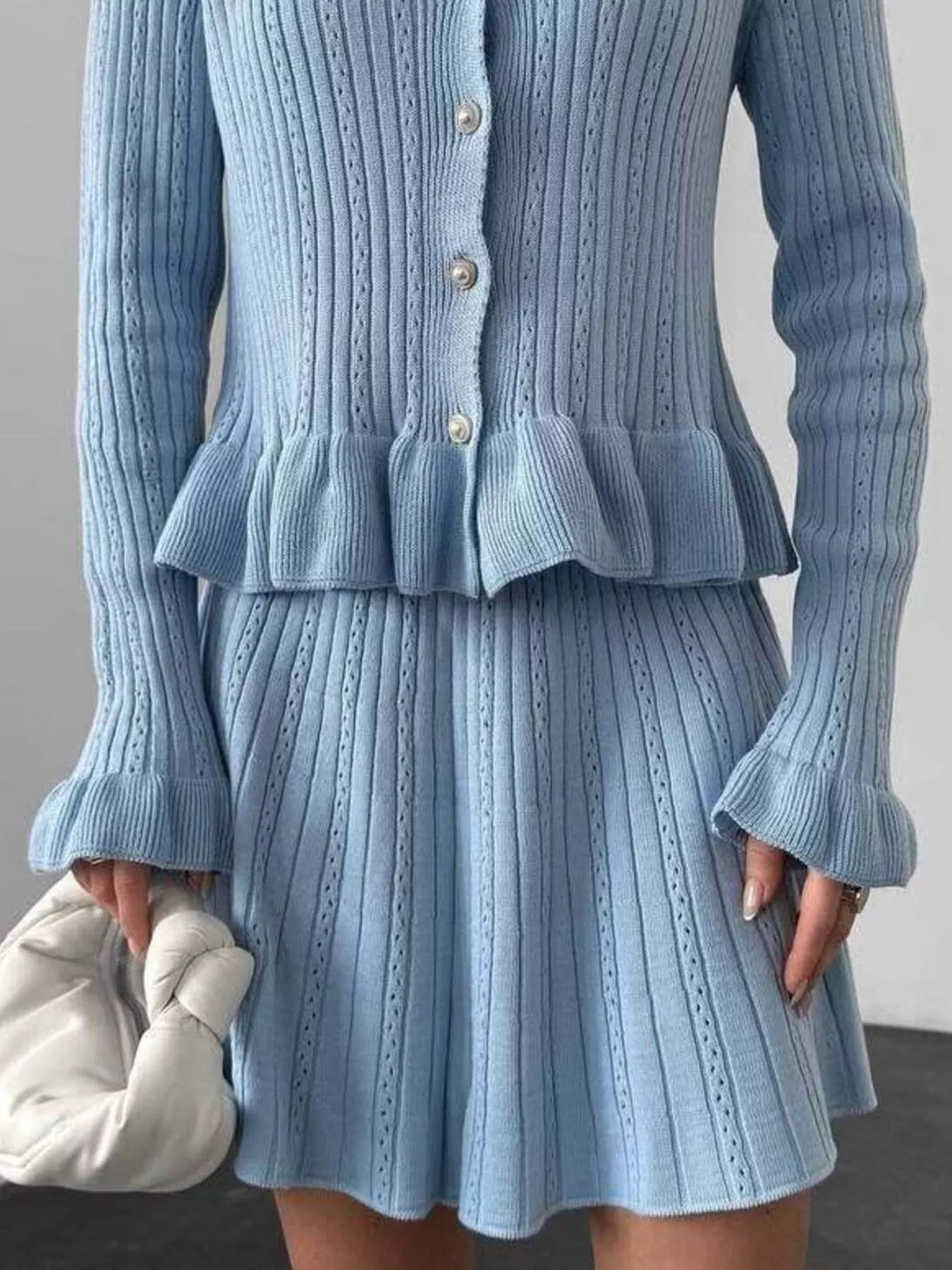 Ruffle Trim Knit Cardigan & Skirt Set designed for comfort and style at Lookzlike