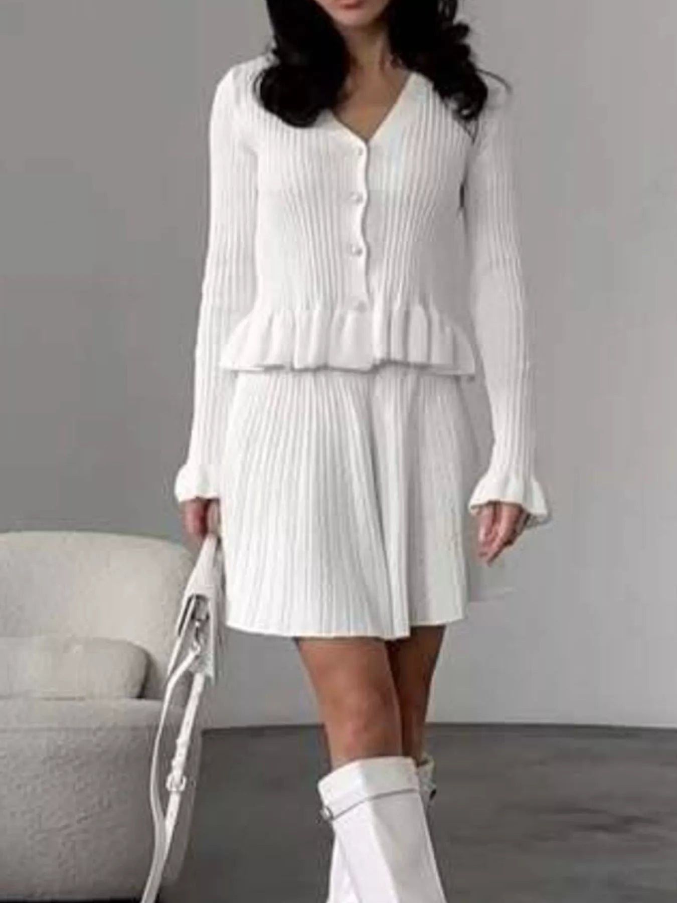 Ruffle Trim Knit Cardigan & Skirt Set designed for comfort and style at Lookzlike