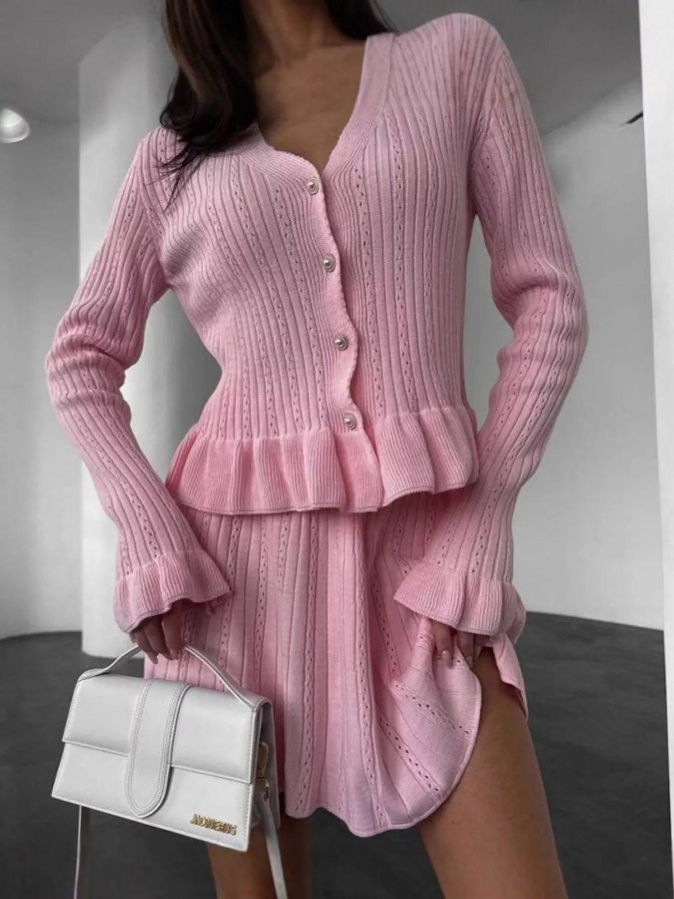 Ruffle Trim Knit Cardigan & Skirt Set designed for comfort and style at Lookzlike