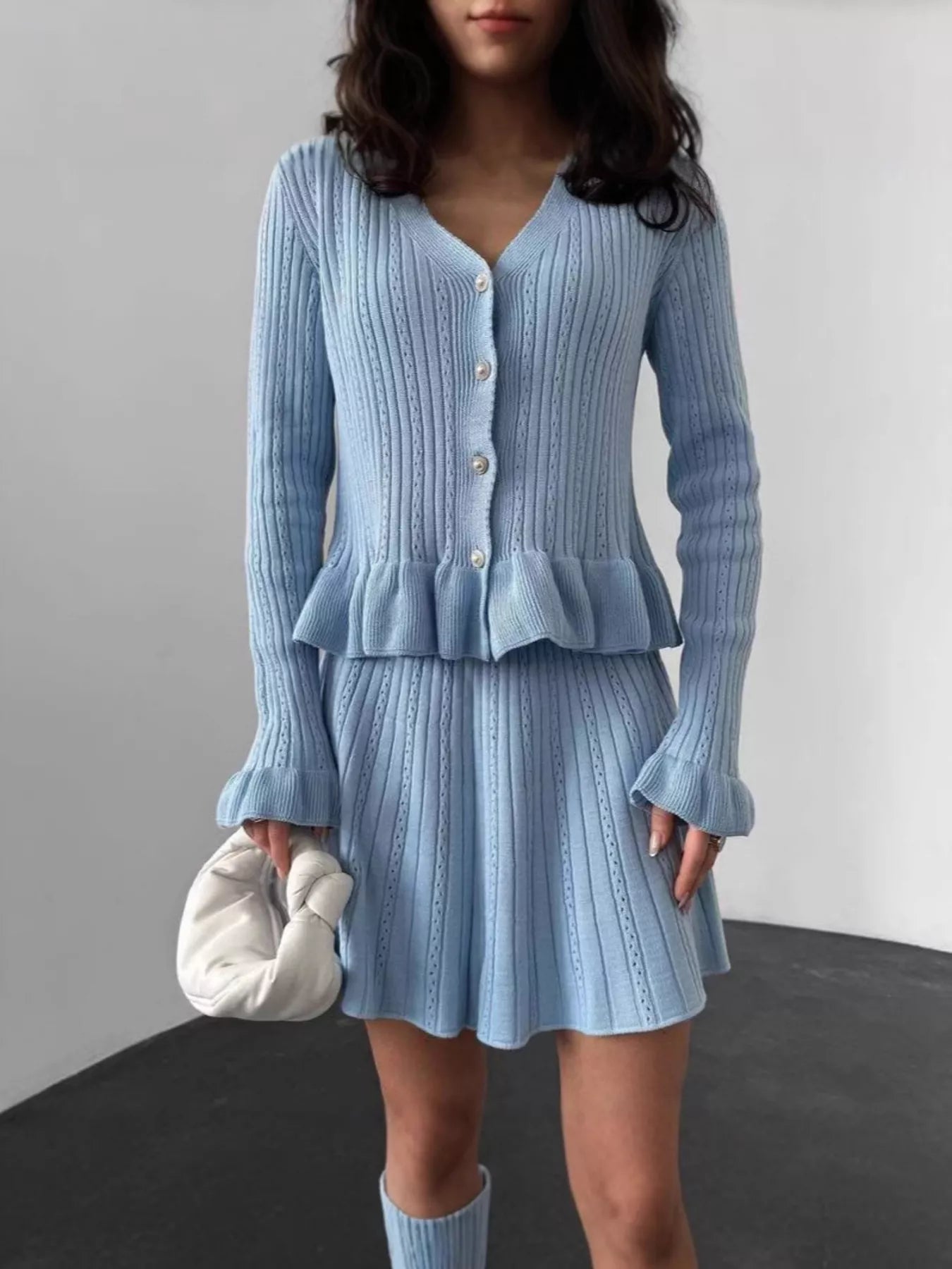 Ruffle Trim Knit Cardigan & Skirt Set designed for comfort and style at Lookzlike