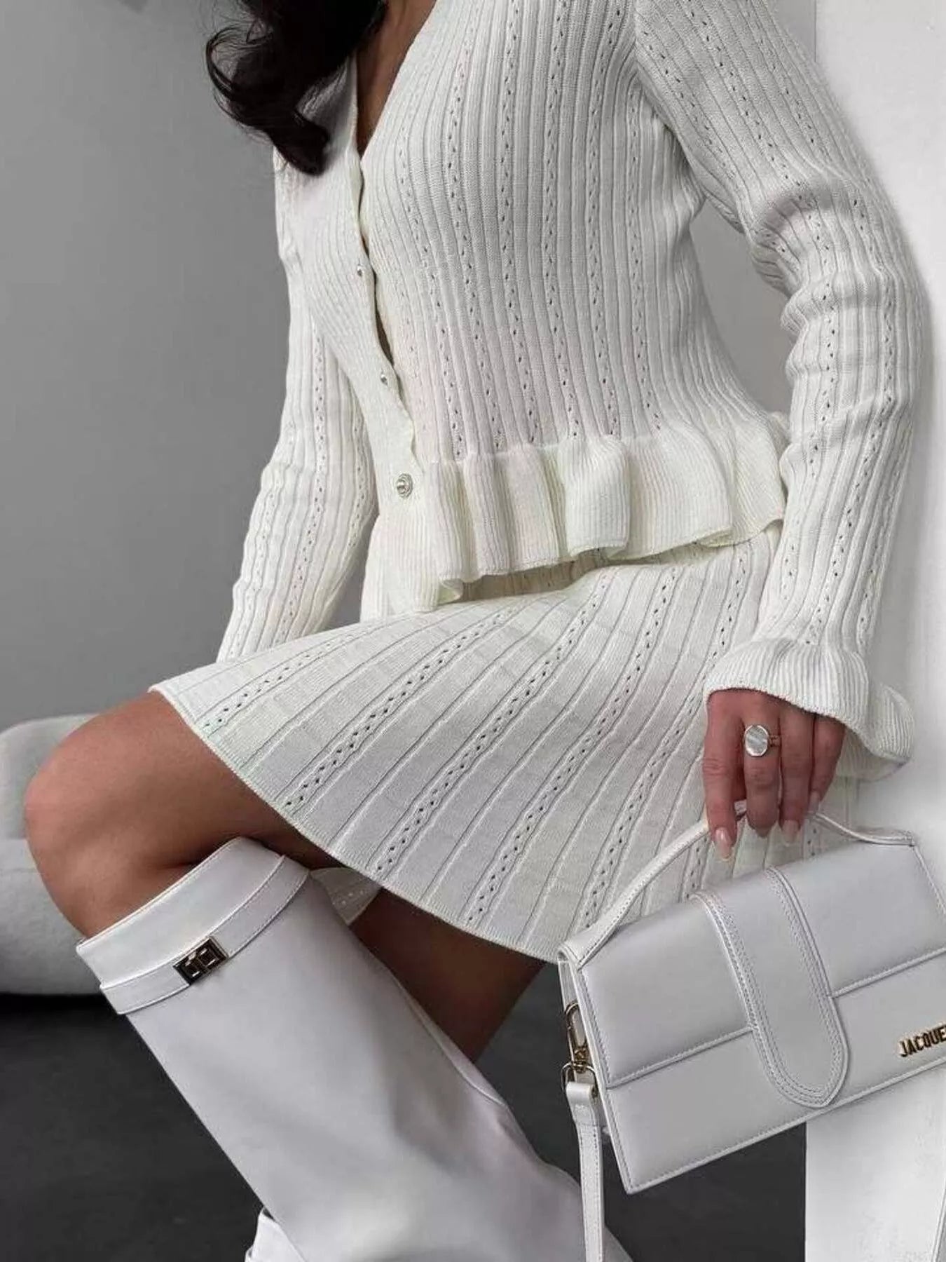 Ruffle Trim Knit Cardigan & Skirt Set designed for comfort and style at Lookzlike